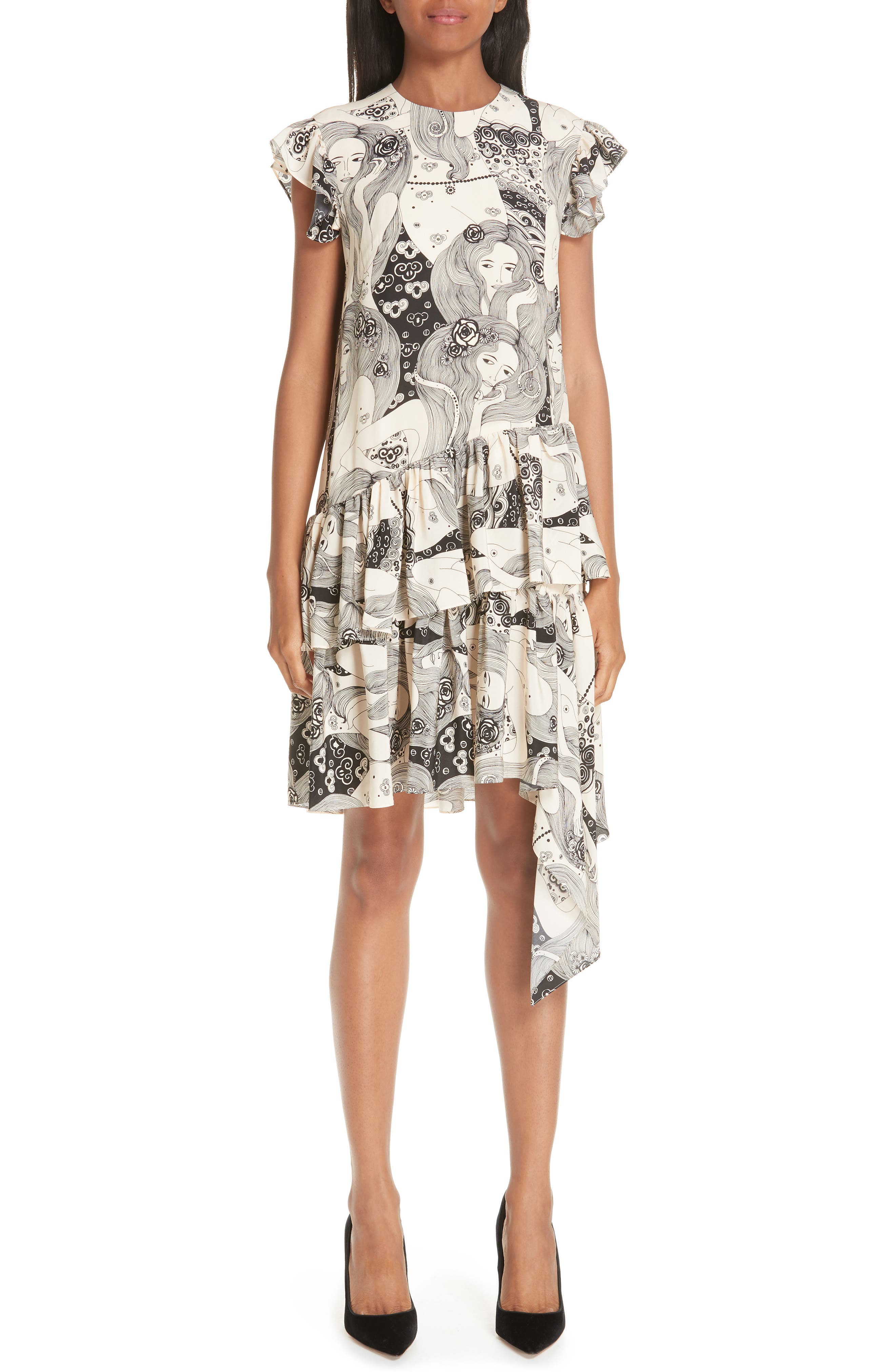 Alexander Mcqueen Eve Print Asymmetrical Silk Dress, 8 IT - Ivory