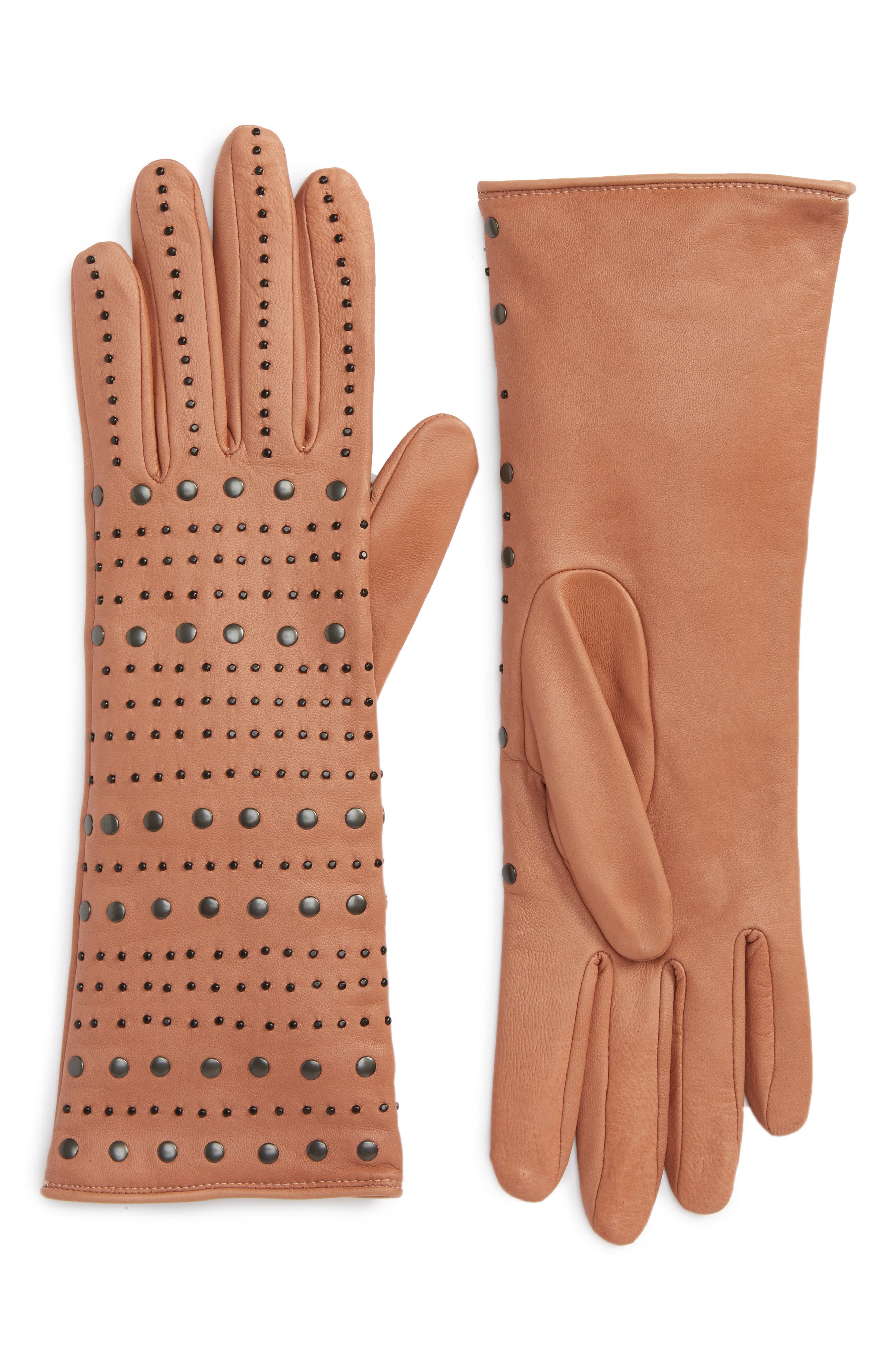 Agnelle Studded Lambskin Leather Gloves, Beige