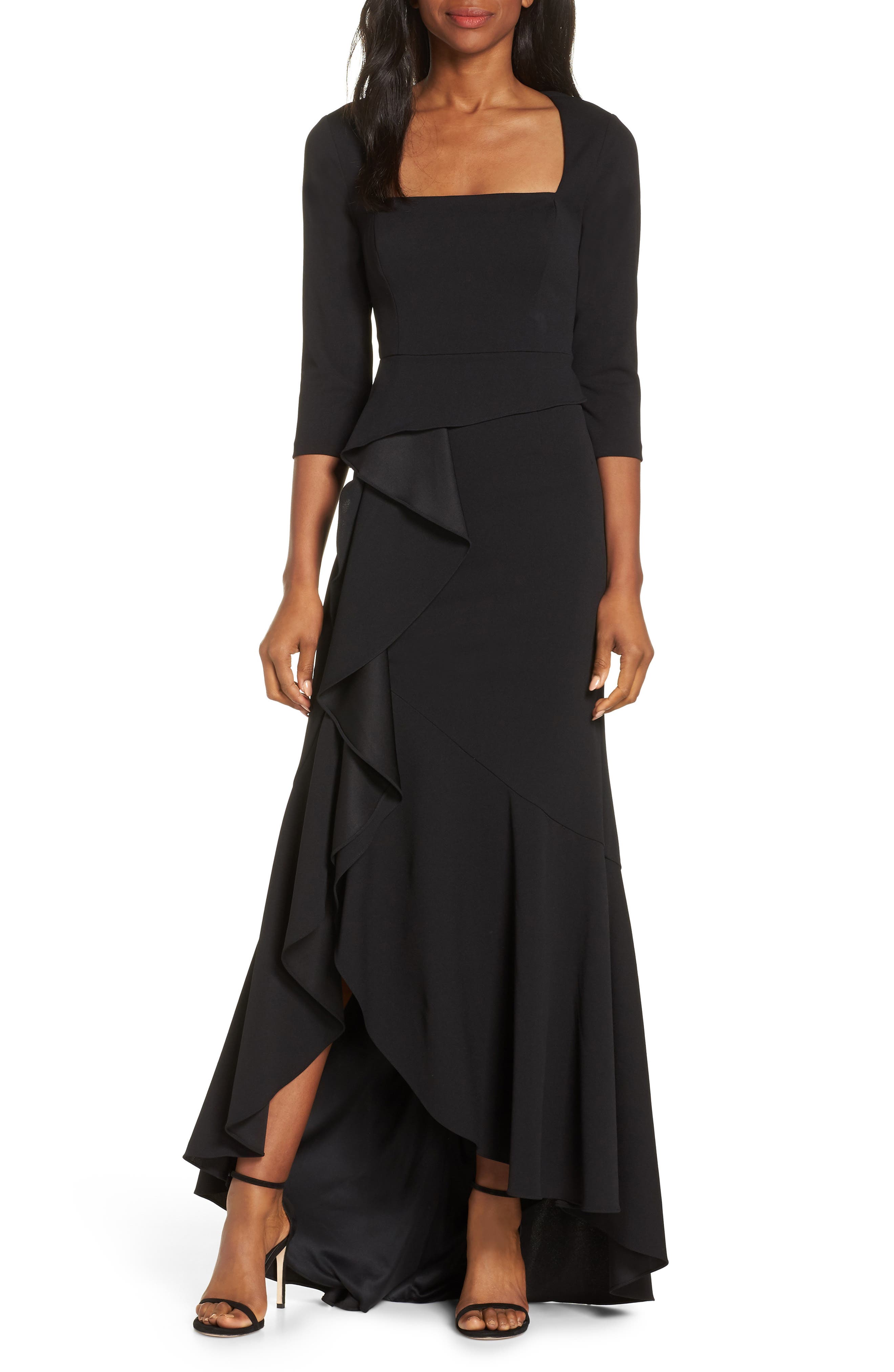 Adrianna Papell Cascade Ruffle Evening Dress, Black