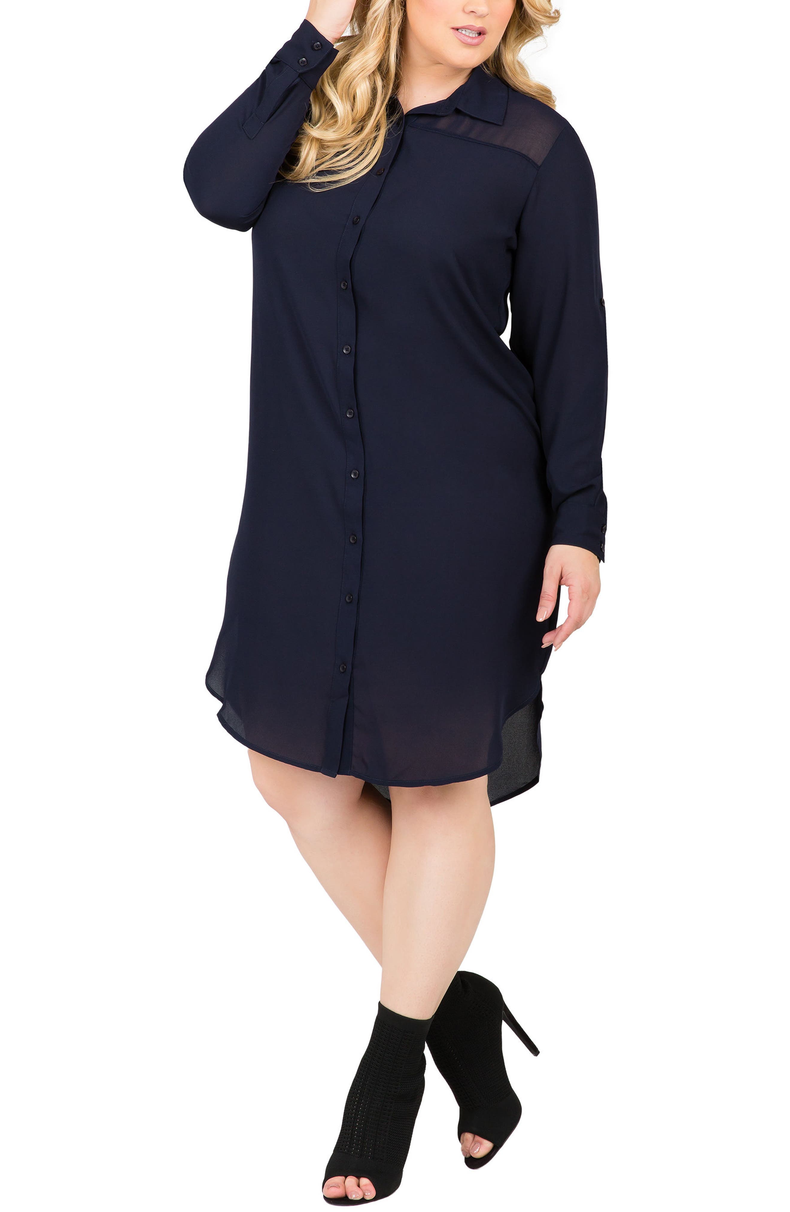Plus Size Standards & Practices Solenn Roll Sleeve Georgette Shirtdress