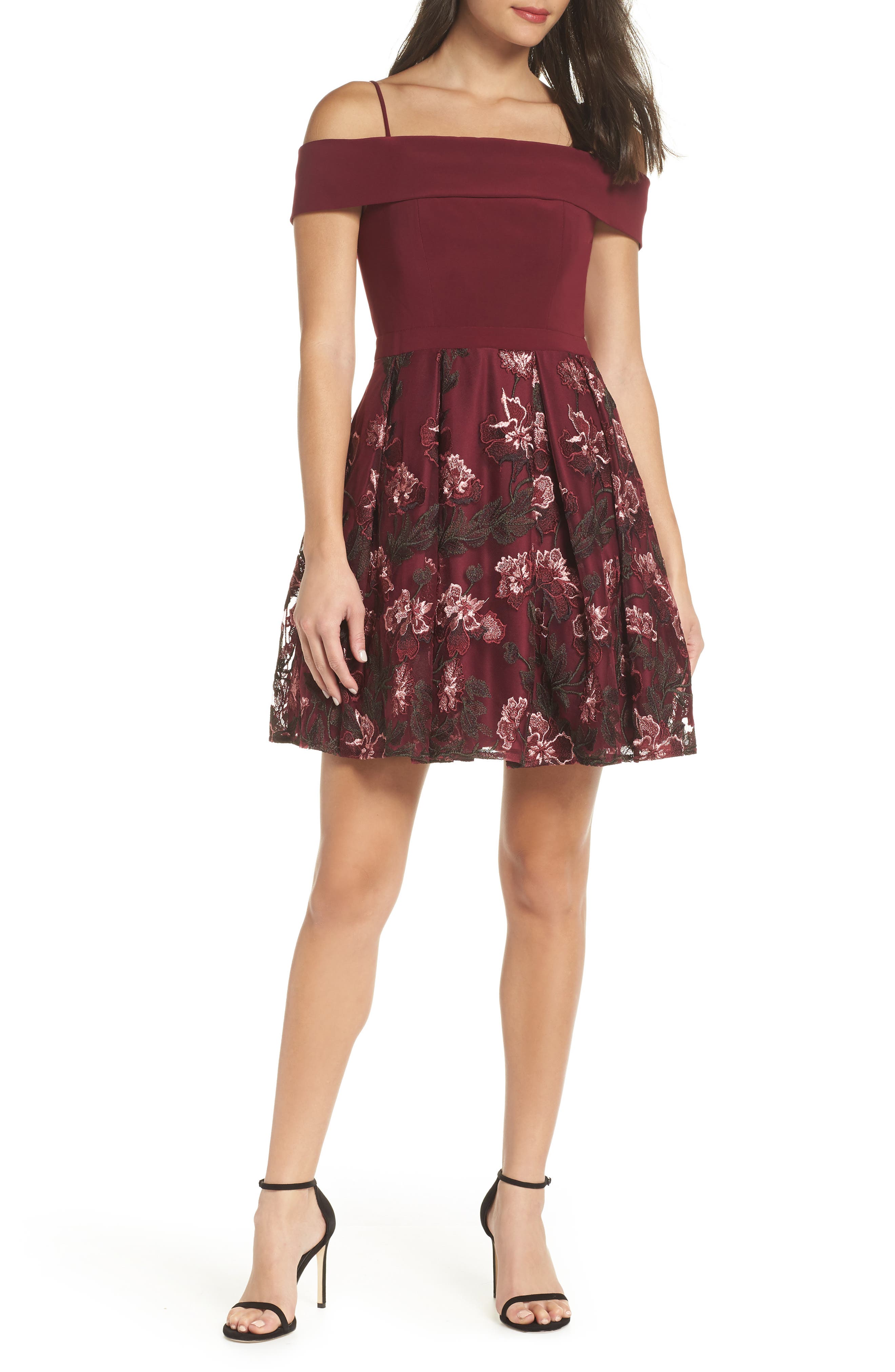 Morgan & Co. Embellished Cold Shoulder Fit & Flare Dress, Burgundy