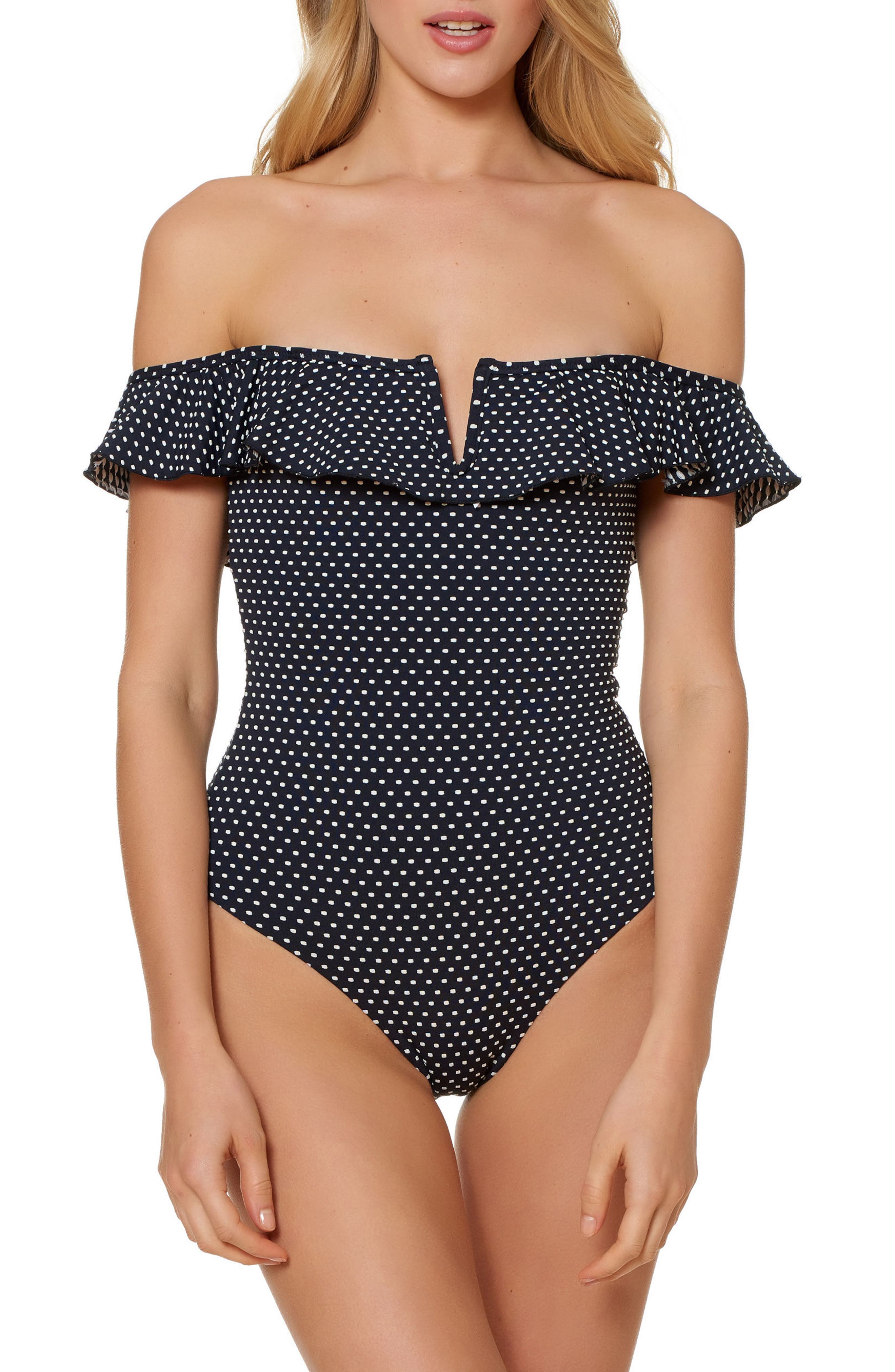 Red Carter Off-The-Shoulder One-Piece Swimsuit, Black