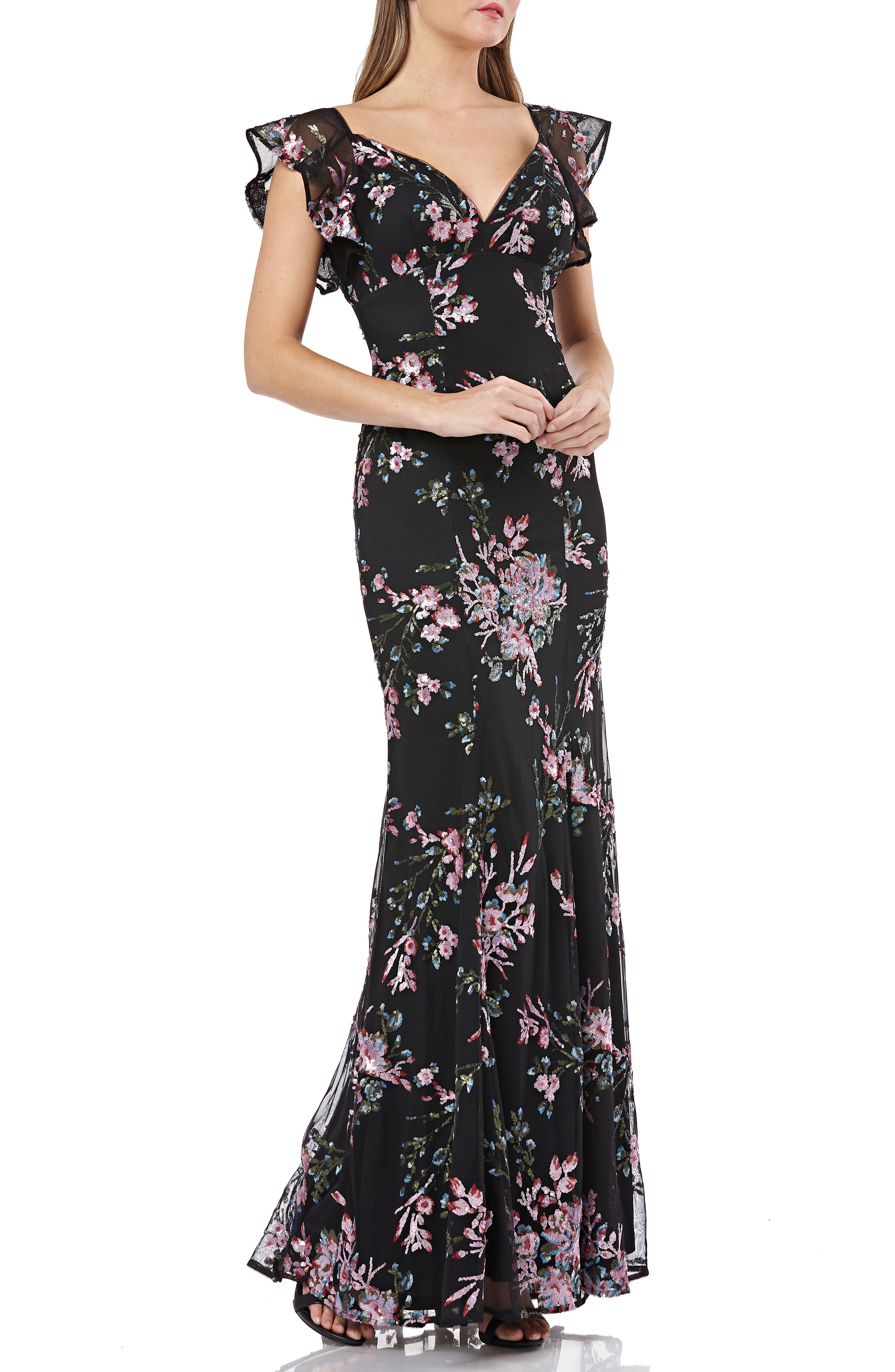 Carmen Marc Valvo Infusion Sequin Evening Dress, Black