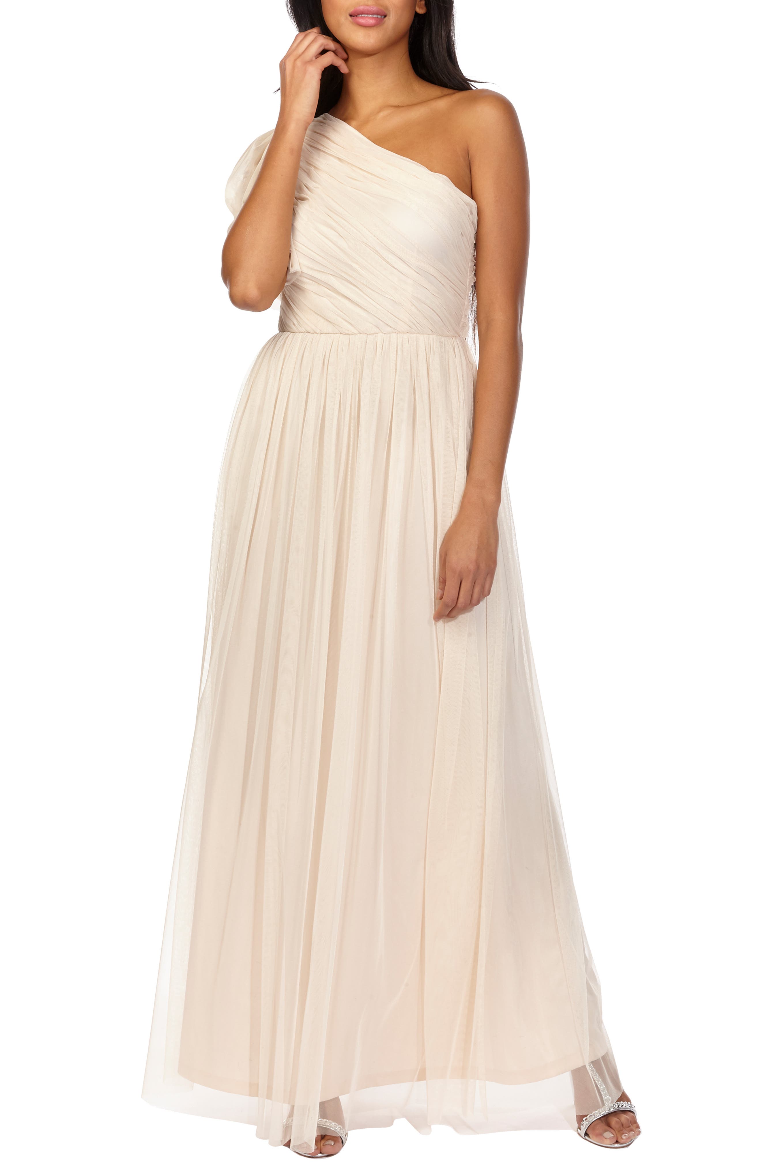Lace & Beads Lara One-Shoulder Tulle Evening Dress, Pink