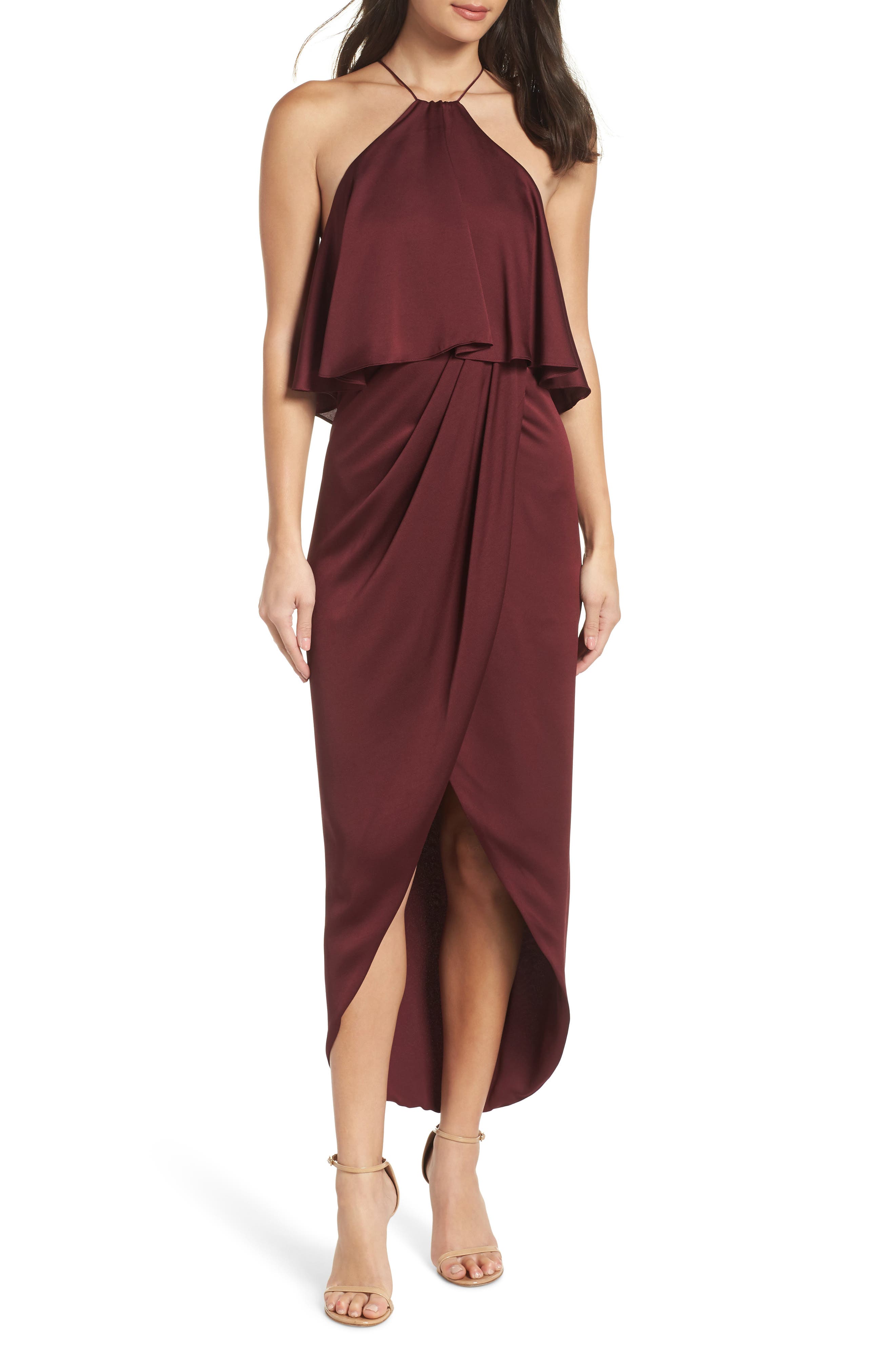Shona Joy Ruffle Halter Tulip Gown, Burgundy