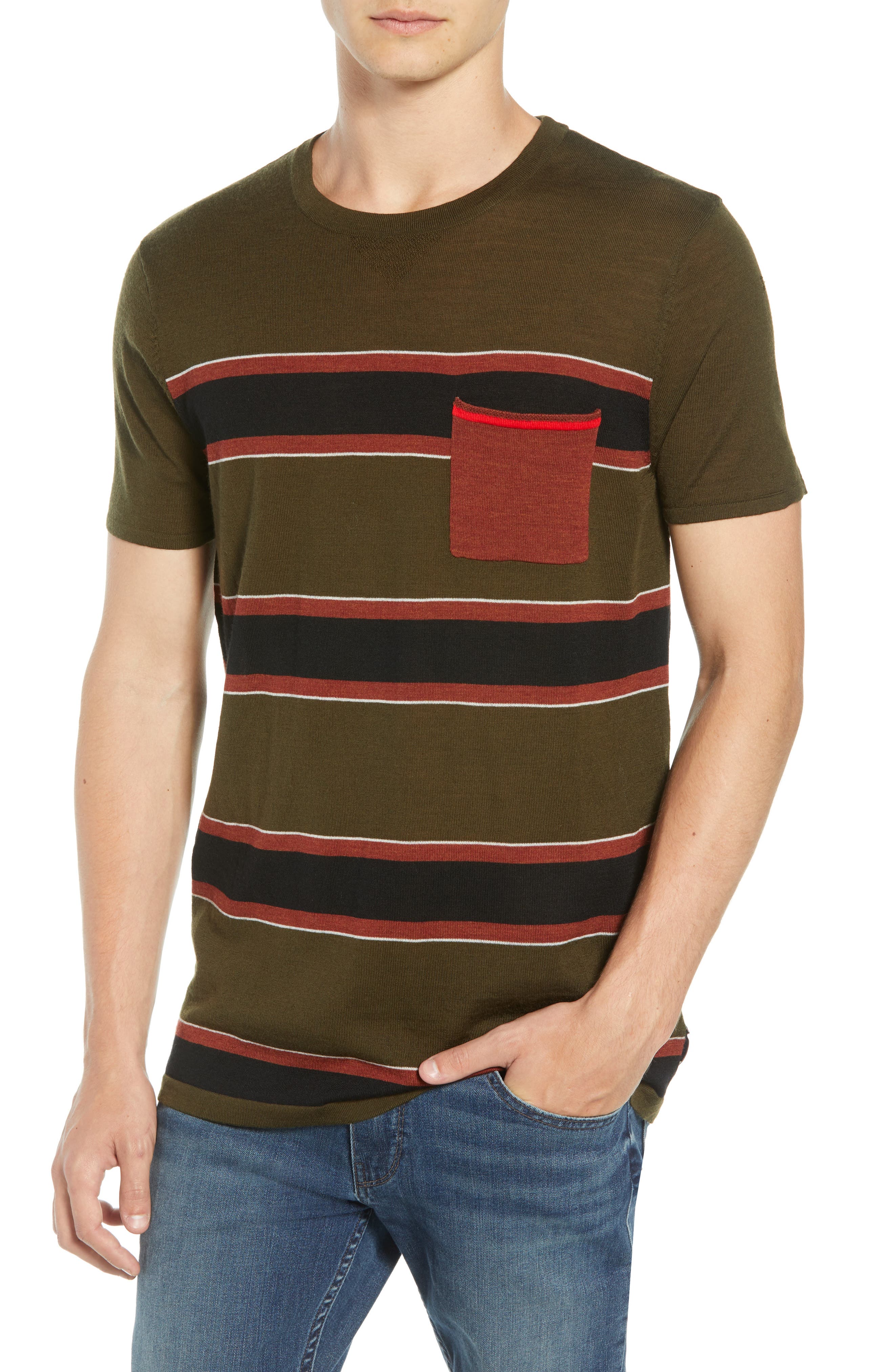 Scotch & Soda Stripe Merino Wool Pocket T-Shirt, Brown