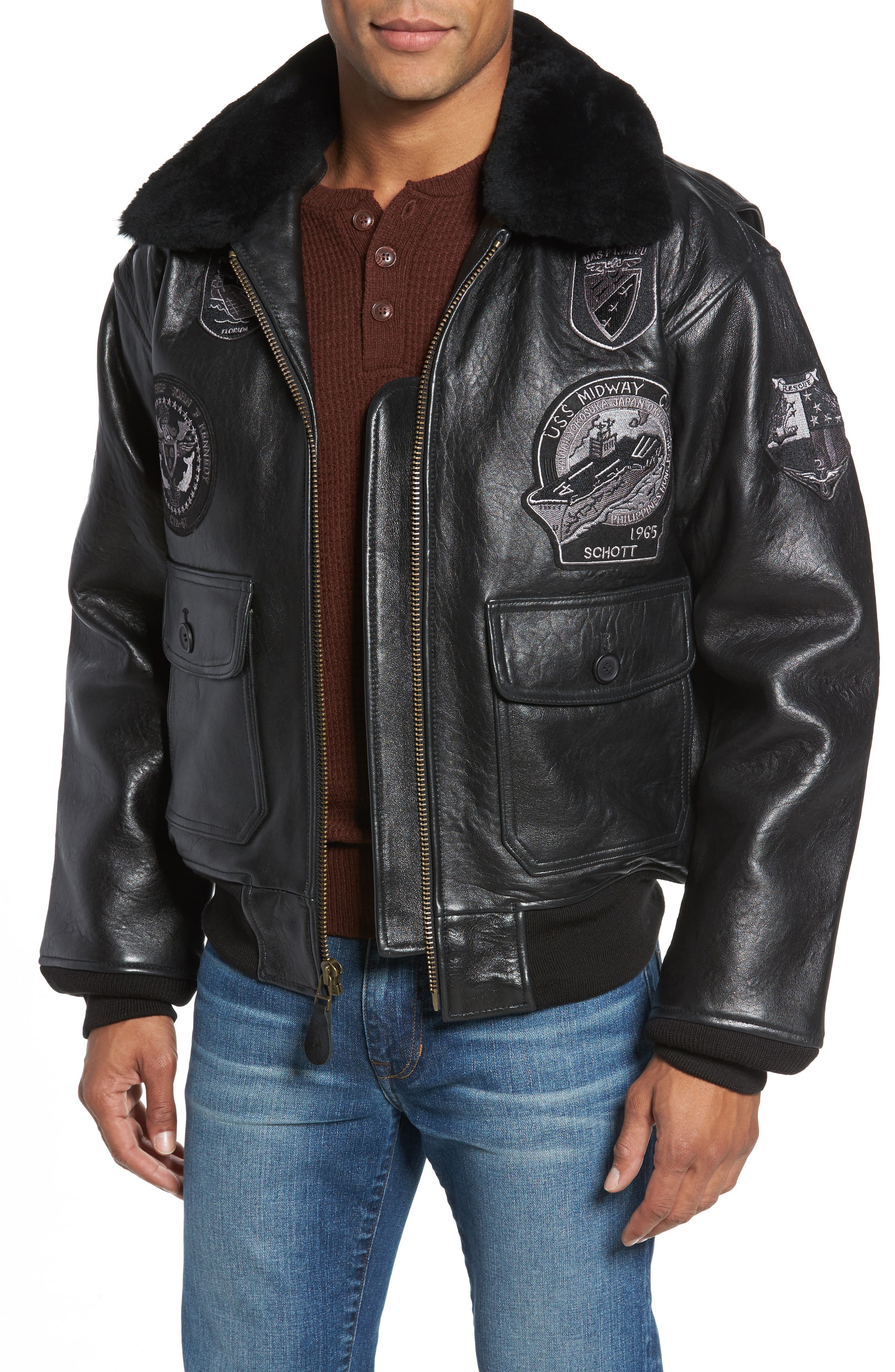 Schott NYC Genuine Shearling Collar G1 Flight Jacket Nordstrom