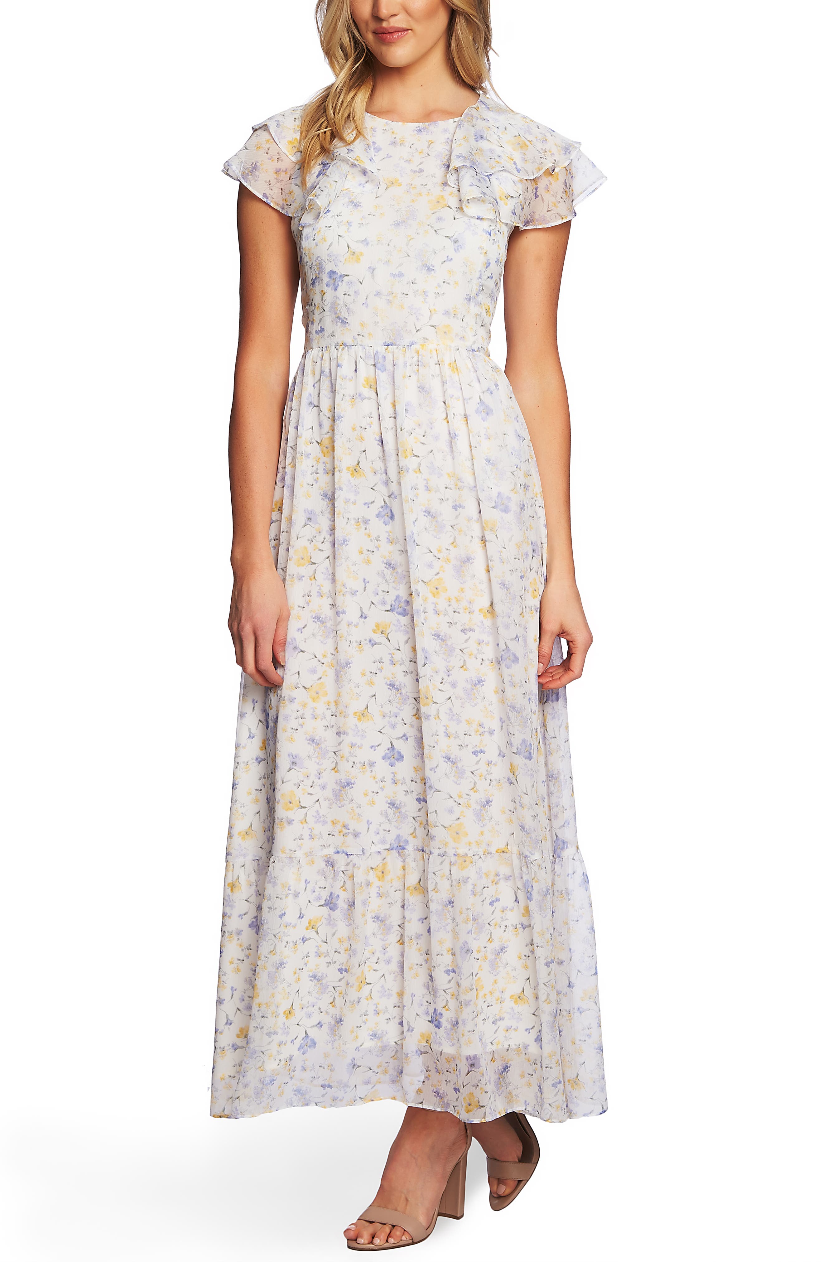 Cece Provence Floral Ruffle Hem Maxi Dress, Ivory