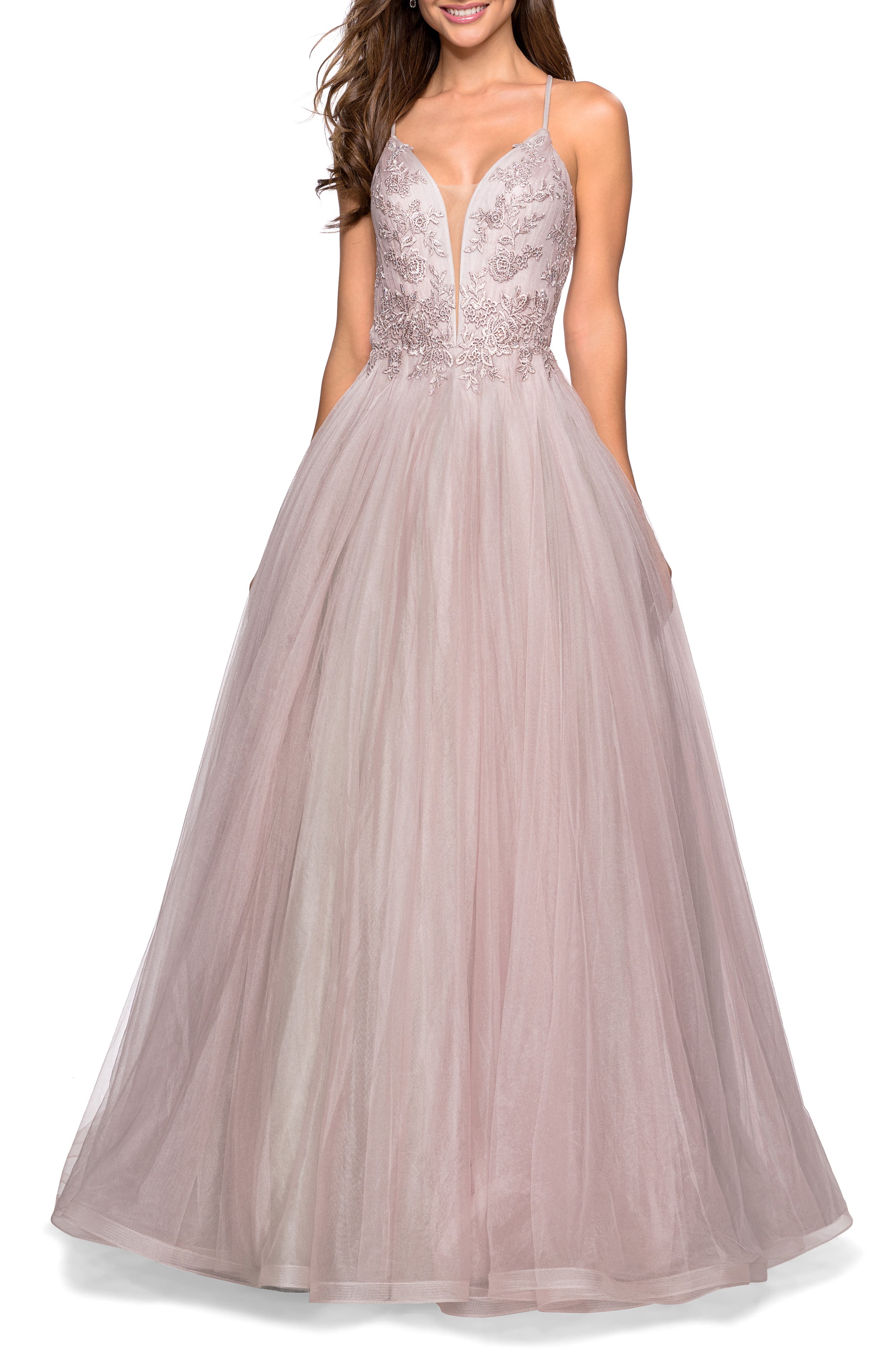 La Femme Tulle & Lace Evening Dress, Purple