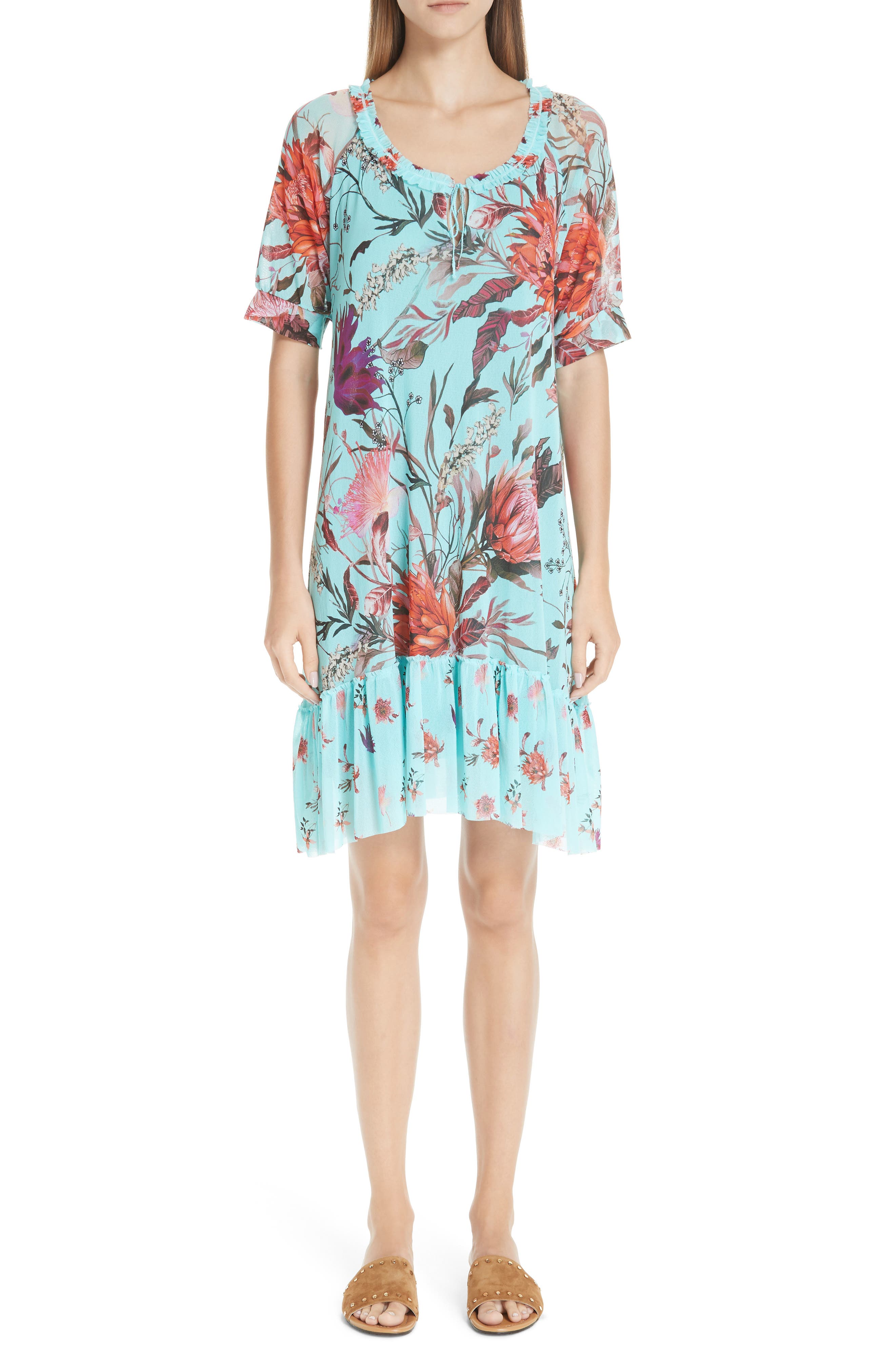 Fuzzi Floral Ruffle Tulle Dress, Blue