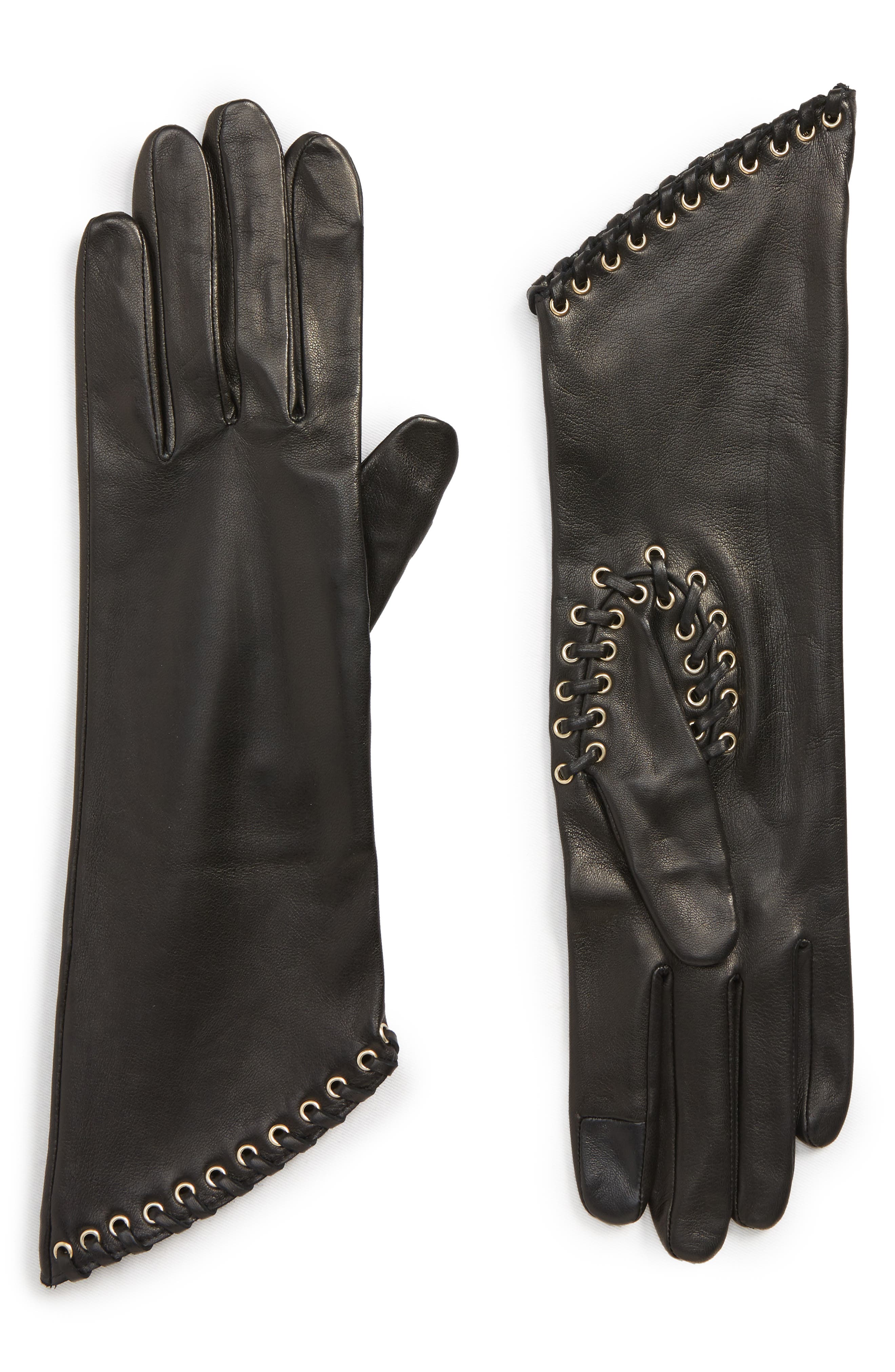Agnelle Eyelet Lambskin Leather Gloves - Black