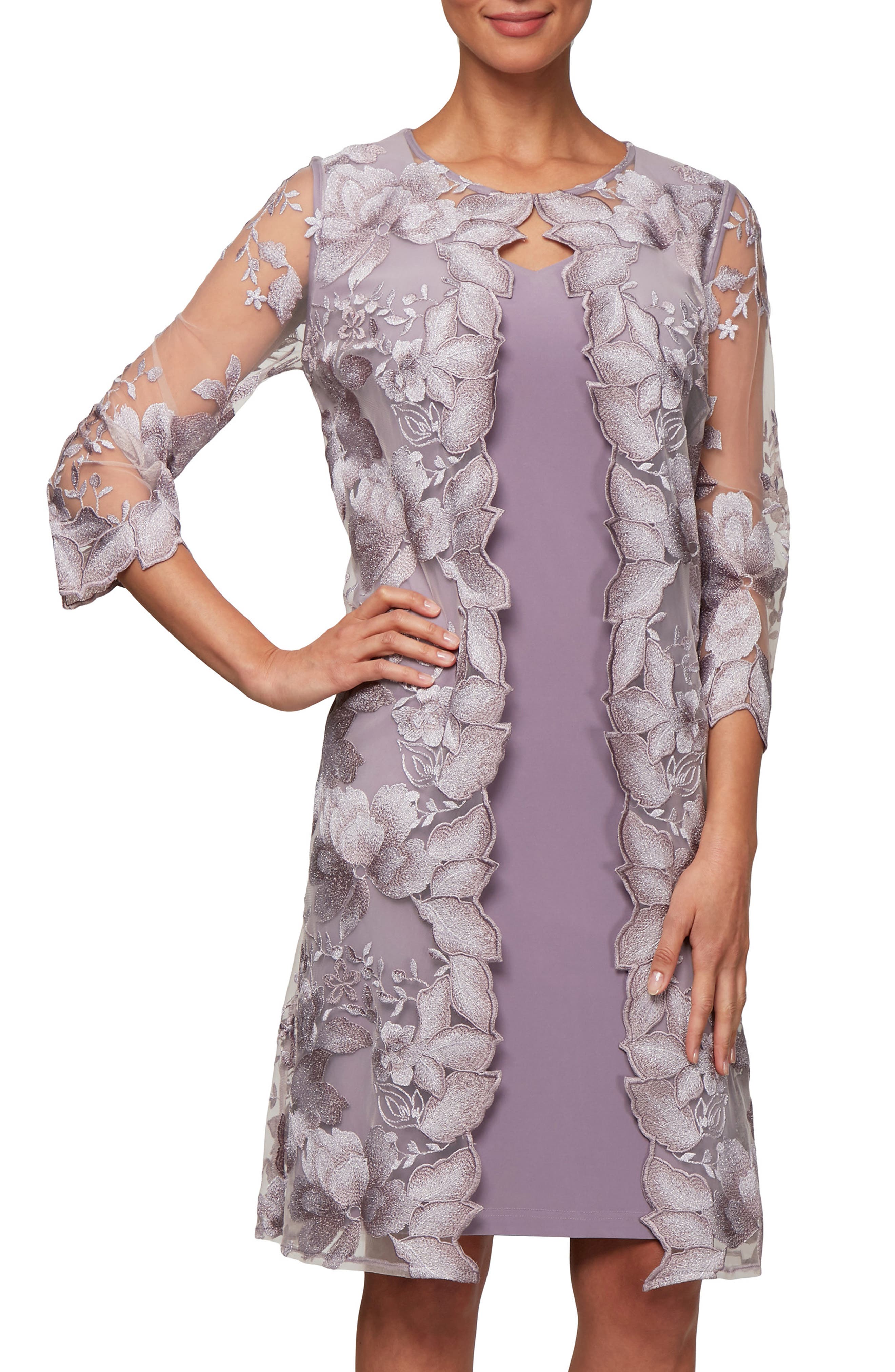 Petite Alex Evenings Embroidered Lace Mock Jacket Cocktail Dress, Pink