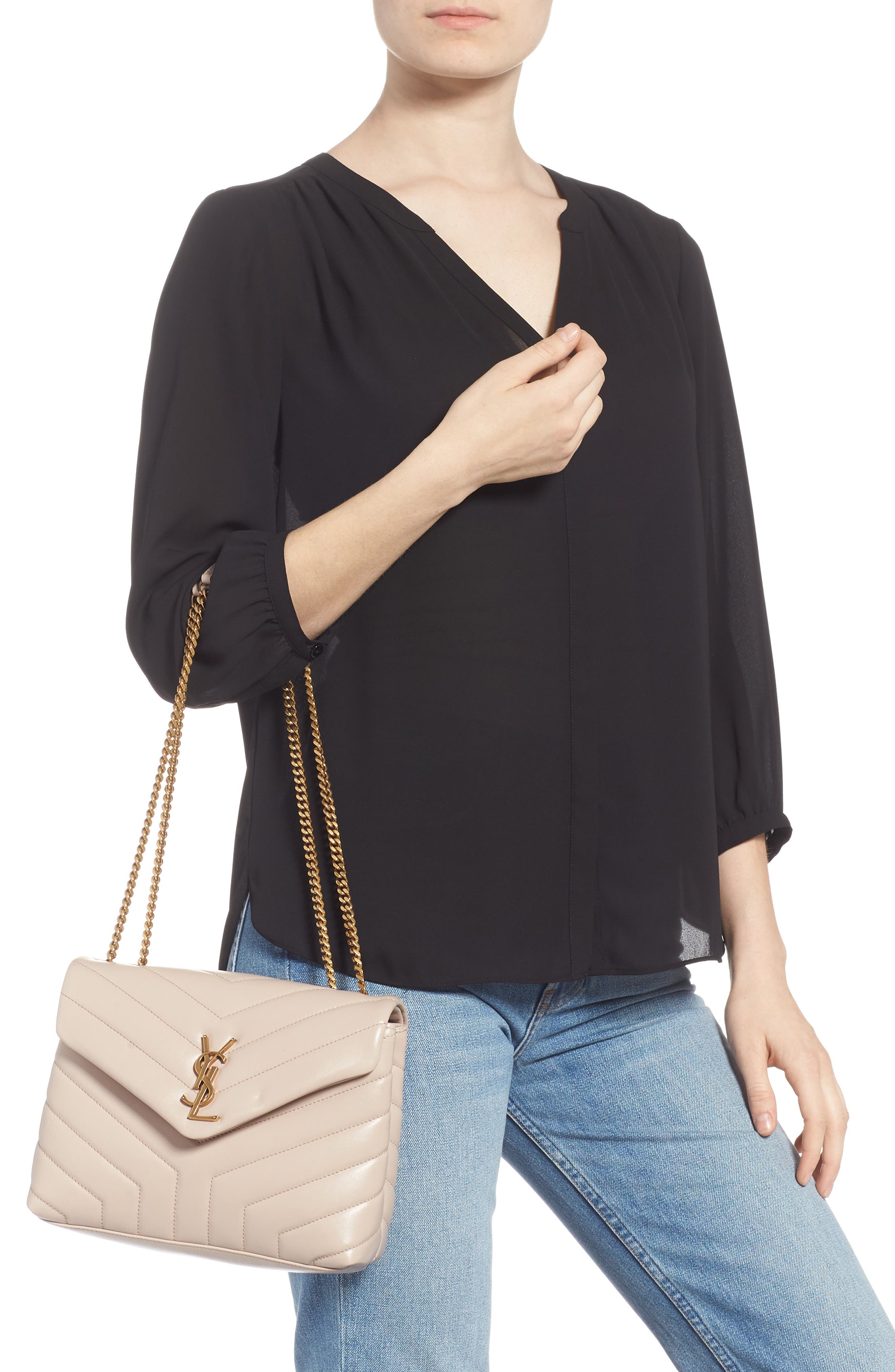 Saint Laurent Loulou Monogram Ysl Small VFlap Chain Shoulder Bag Lt. Bronze Hardware In