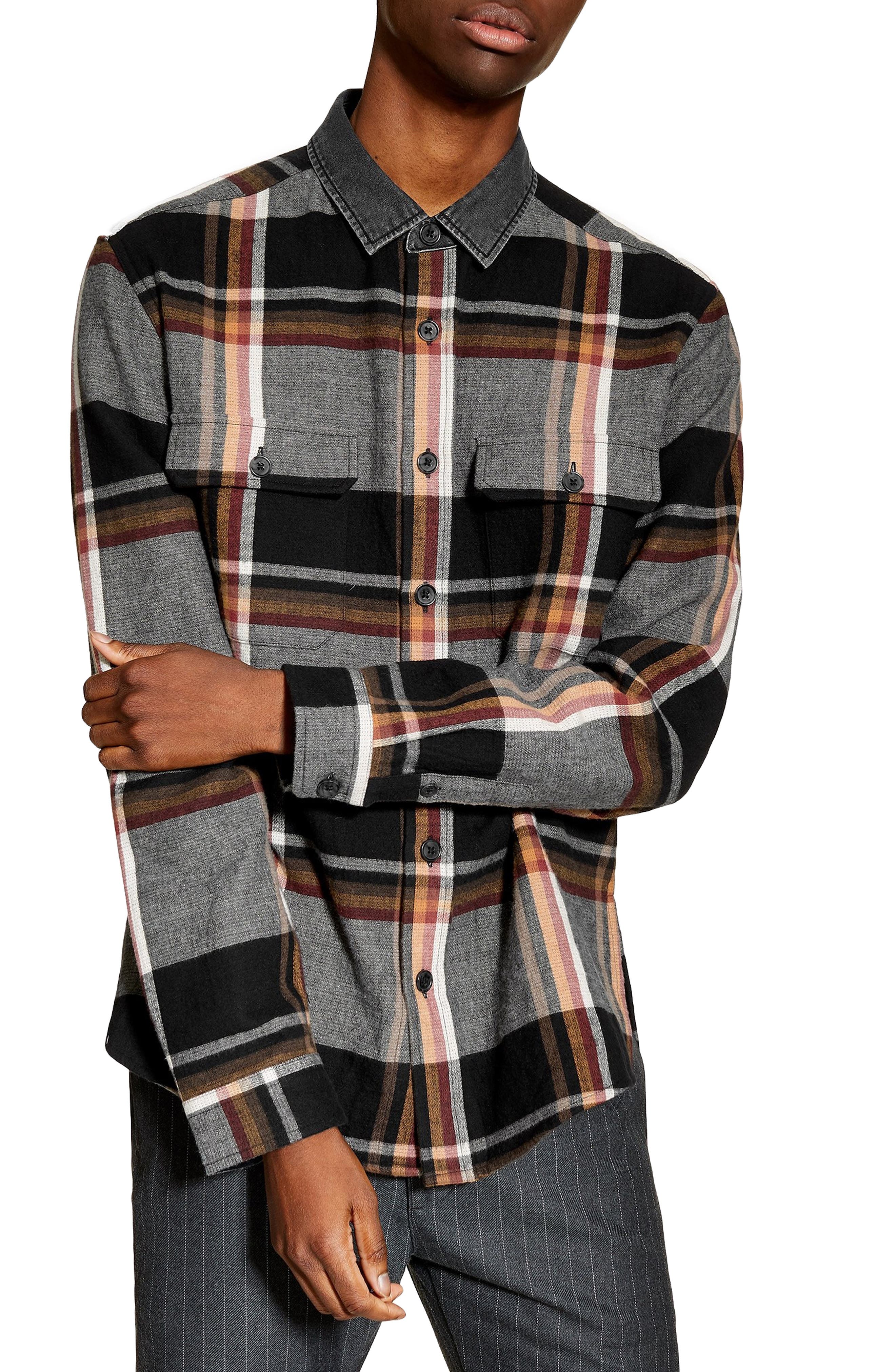 Topman Slim Fit Denim Collar Flannel Shirt, Grey