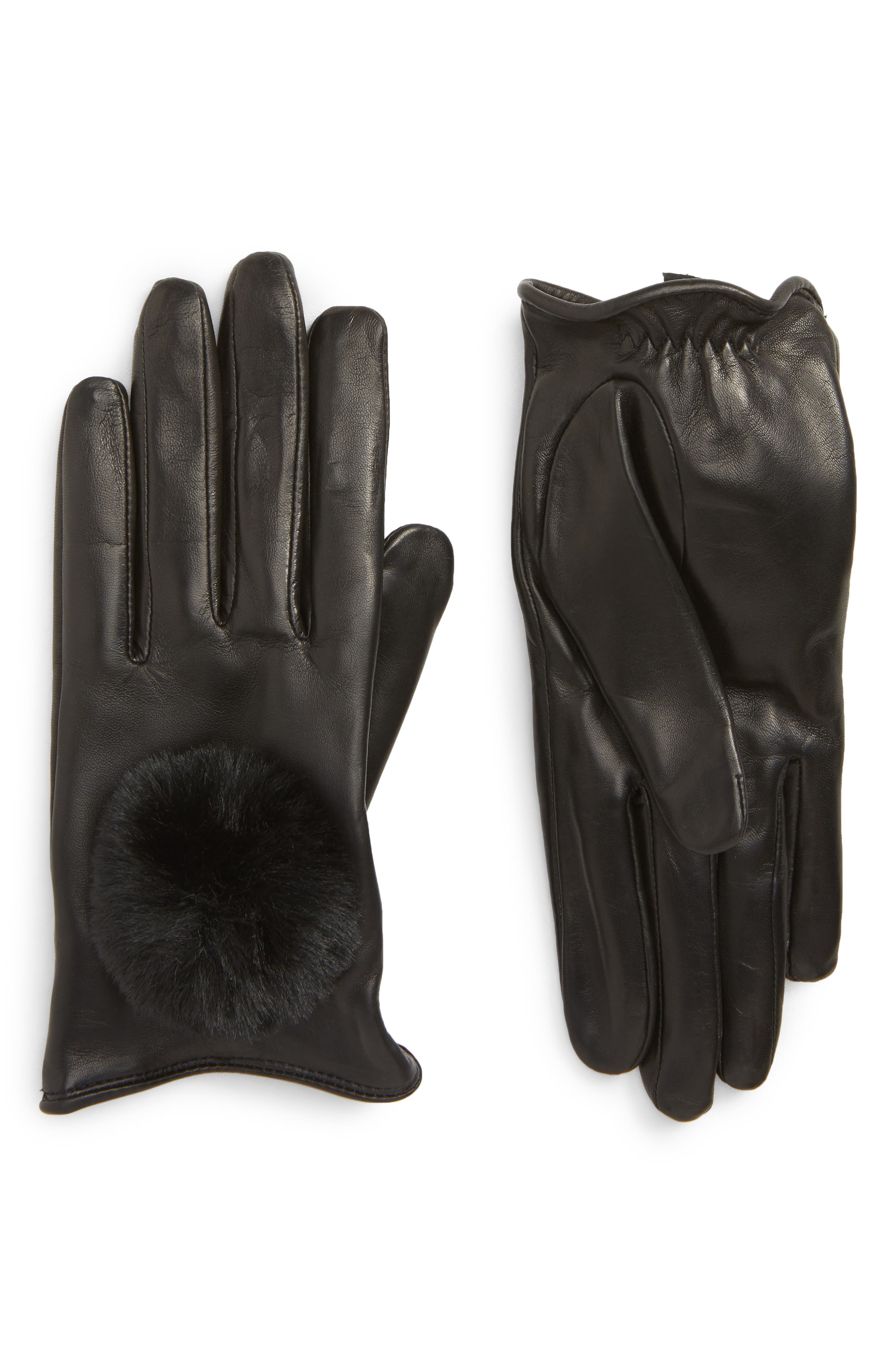 Nordstrom Faux Fur Pompom Lambskin Leather Gloves, Black