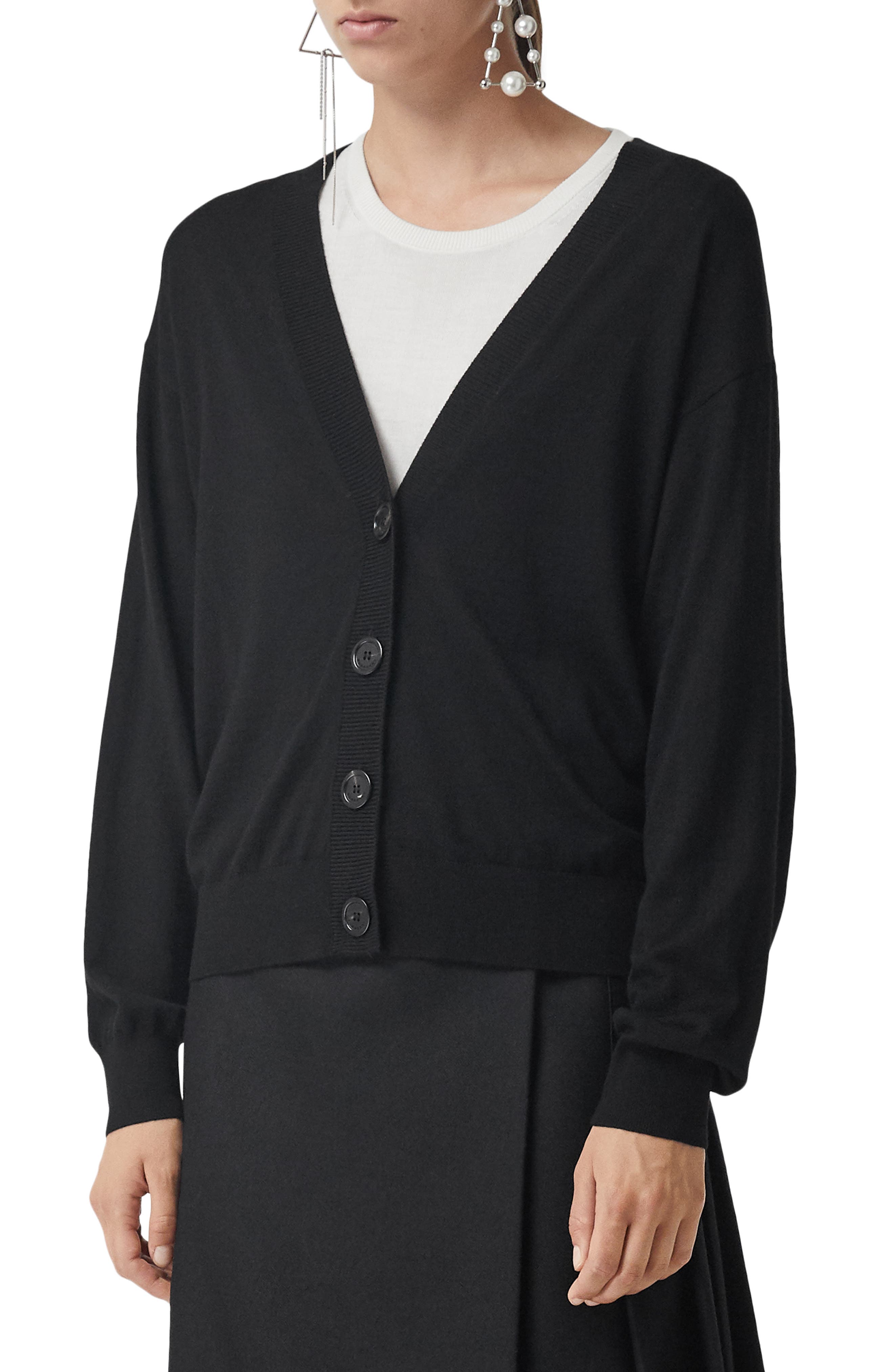 Burberry Dornoch Check Detail Merino Wool Cardigan, Black