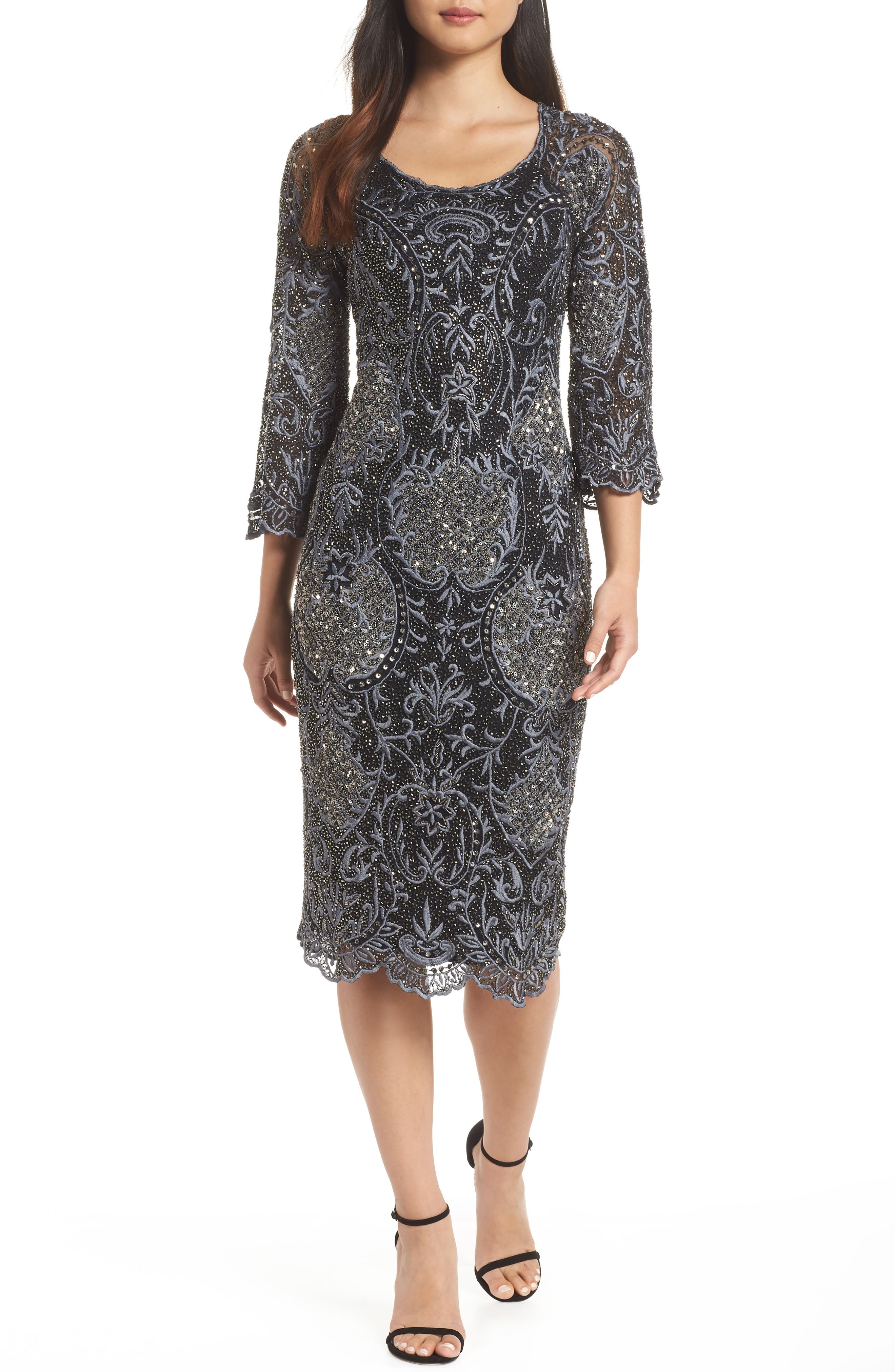 Petite Pisarro Nights Embroidered Scallop Edge Midi Sheath Dress, Black