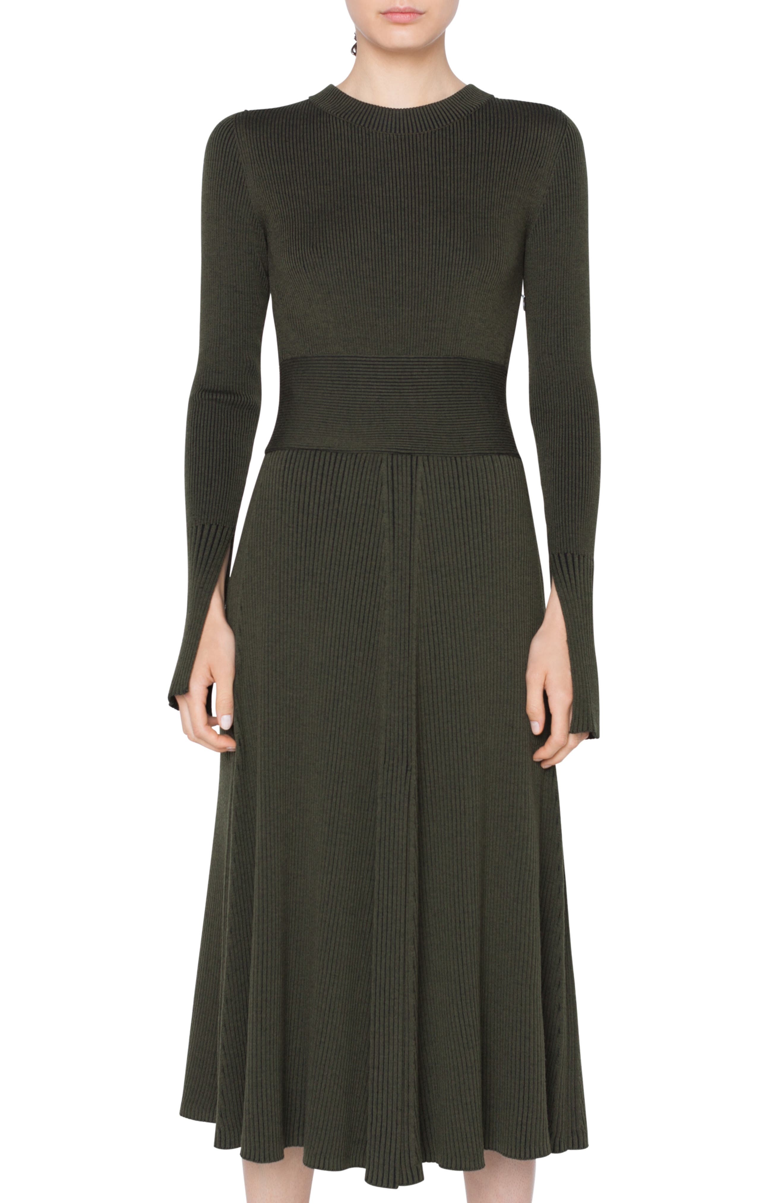 Akris Punto Rib Knit Merino Wool Midi Dress, Black