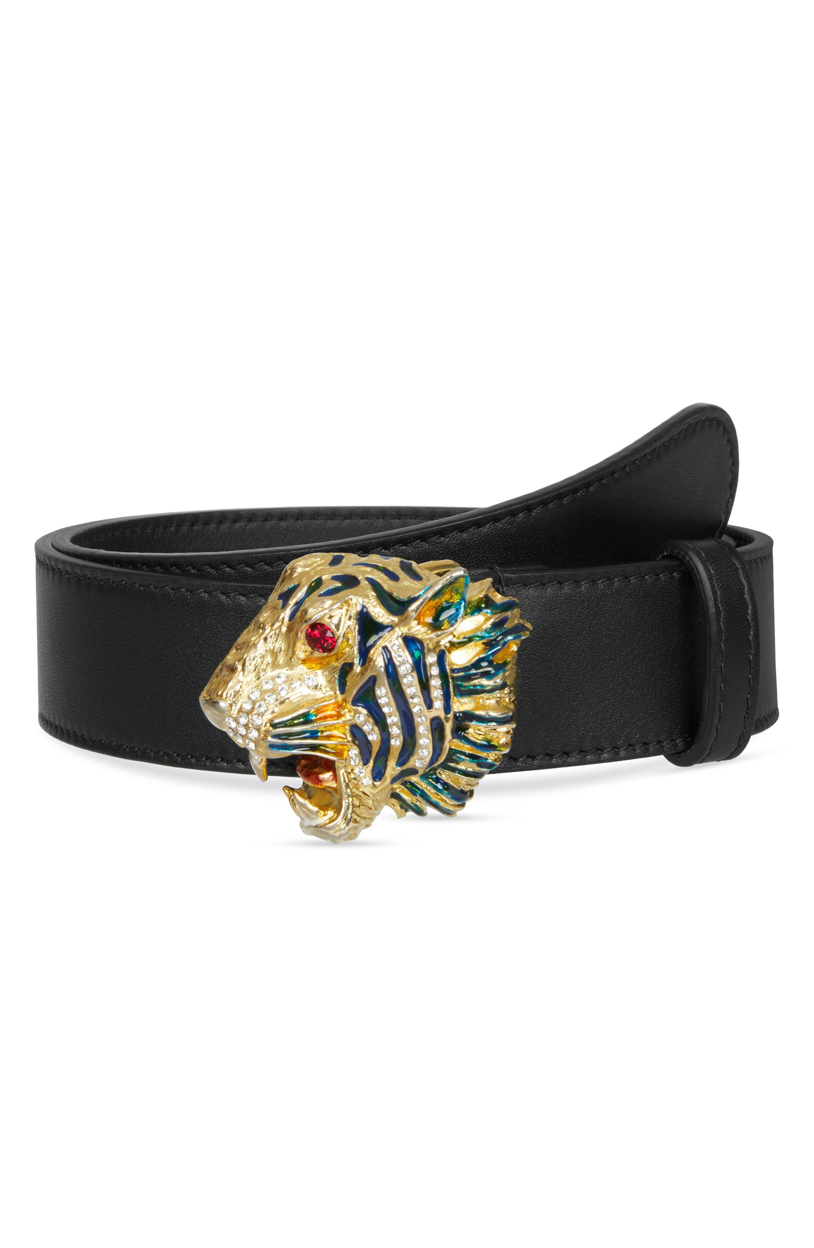 Gucci Crystal Tiger Head Leather Belt, Nero/ Multi