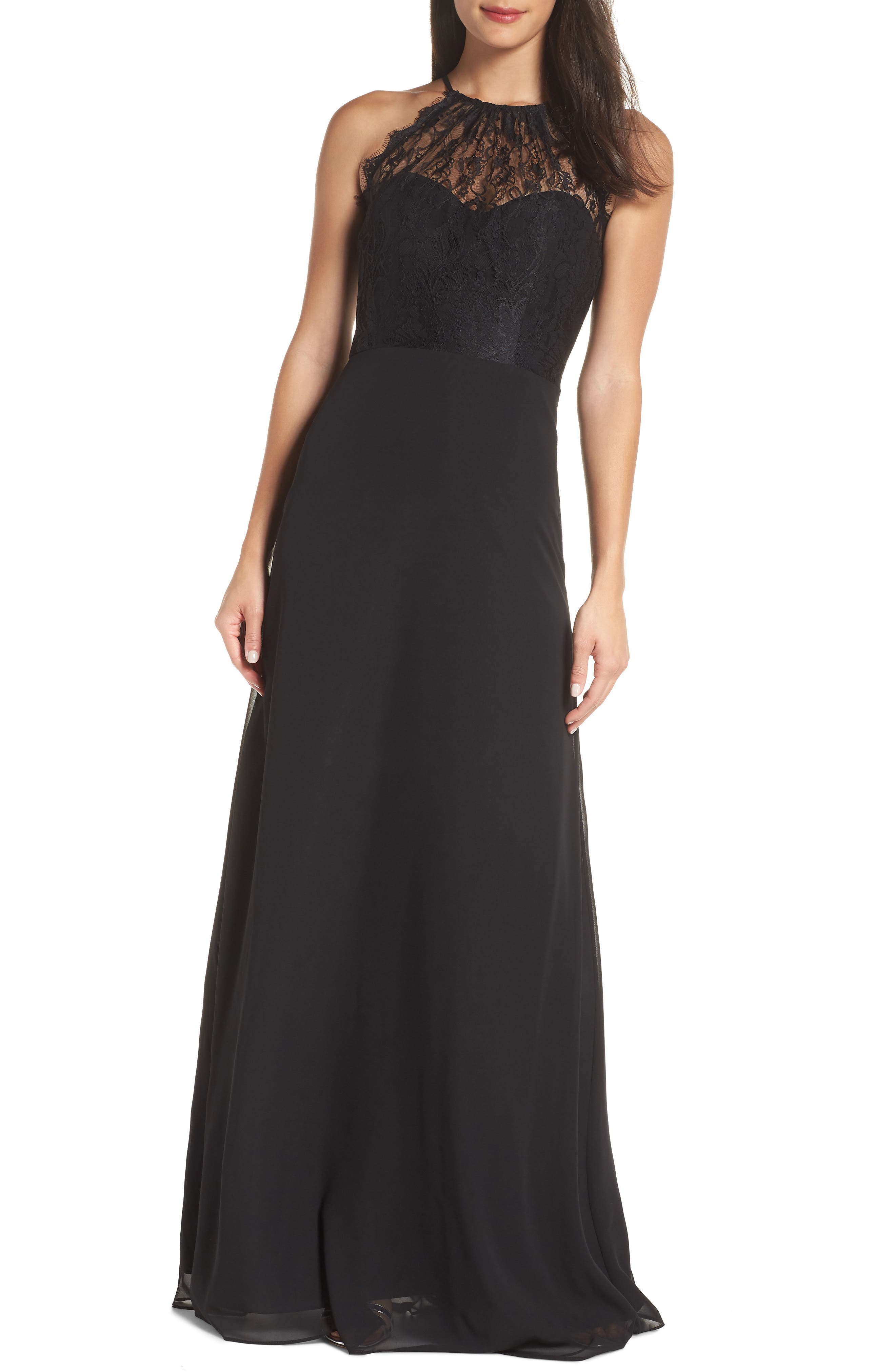 Hayley Paige Occasions Lace Halter Overlay Chiffon Gown