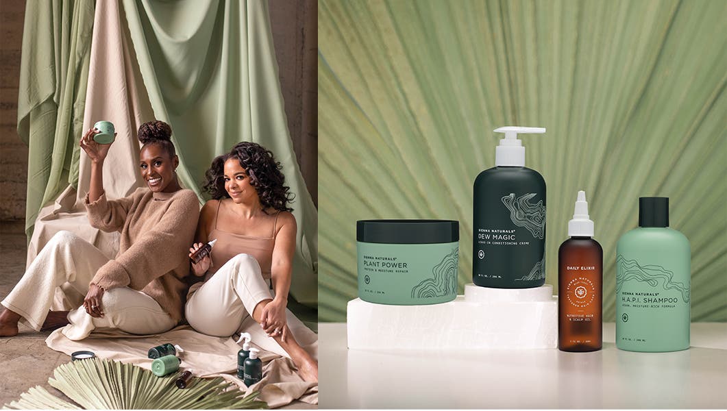 Issa Rae and Hannah Diop. Sienna Naturals products: Plant Power, Dew Magic, Daily Elixir and H.A.P.I Shampoo.