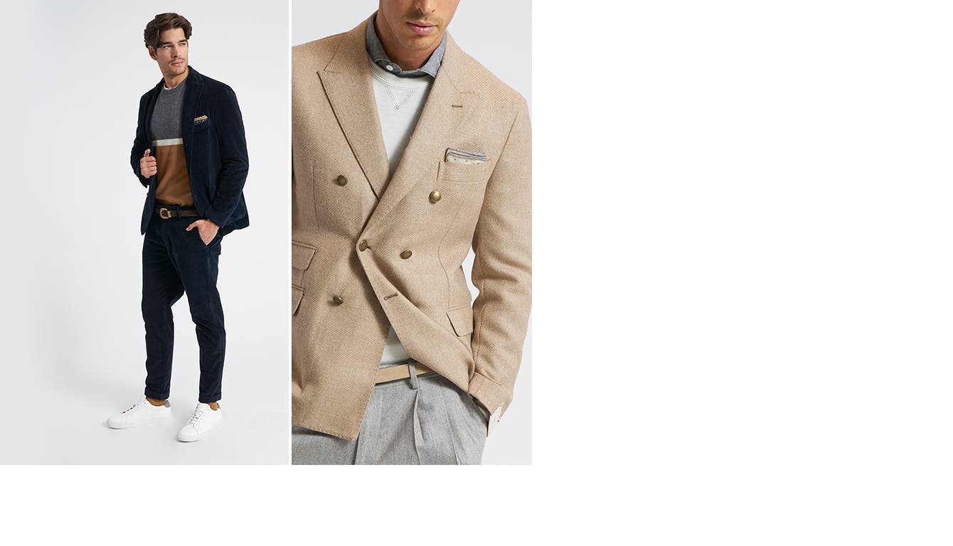 Left: Model wearing Eleventy business-casual menswear pieces. Right: Model wearing an Eleventy business-casual style coat with pocket square.