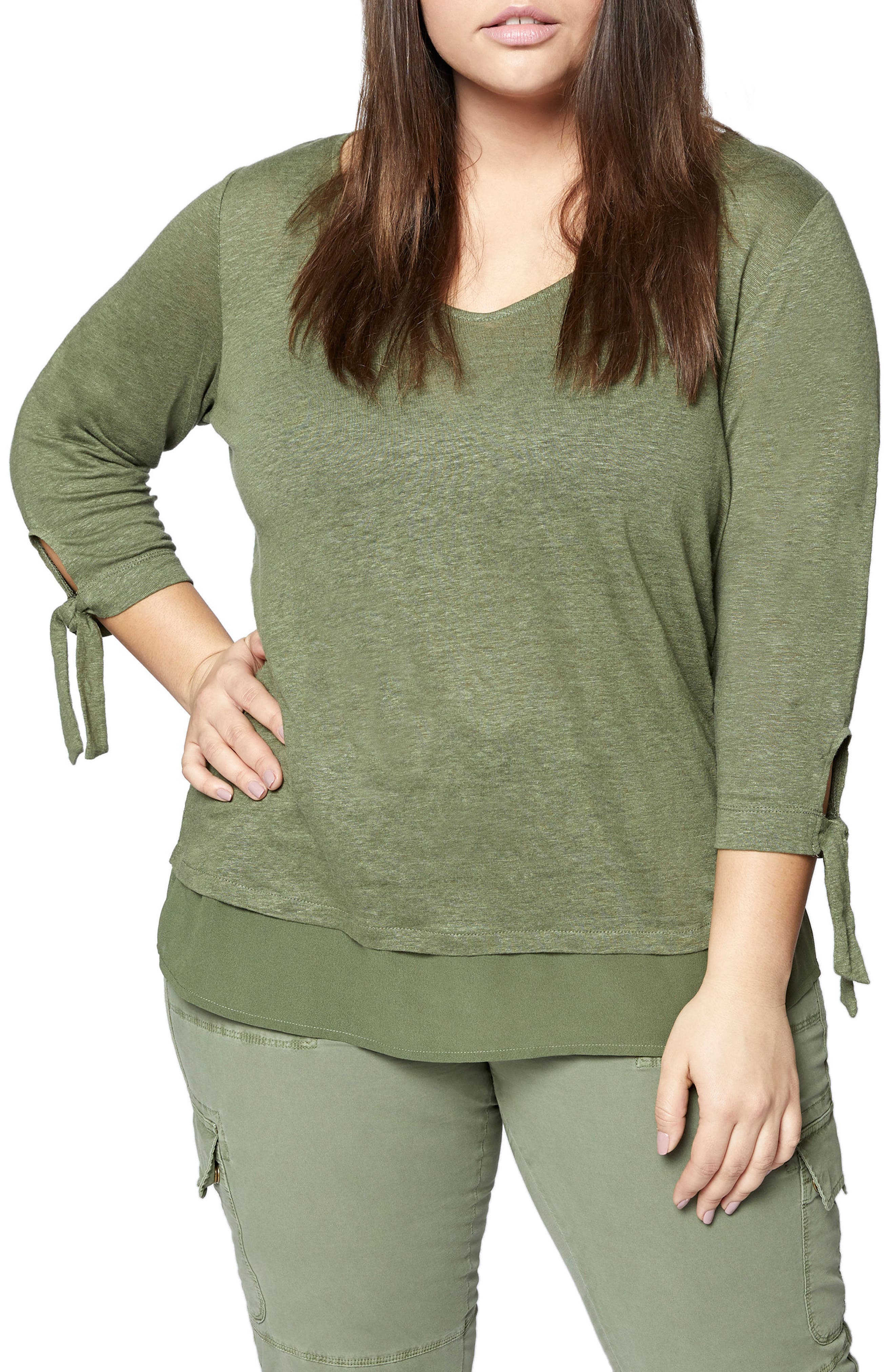 Plus Size Sanctuary Sylvie Tiered Hem Linen Tee, Green