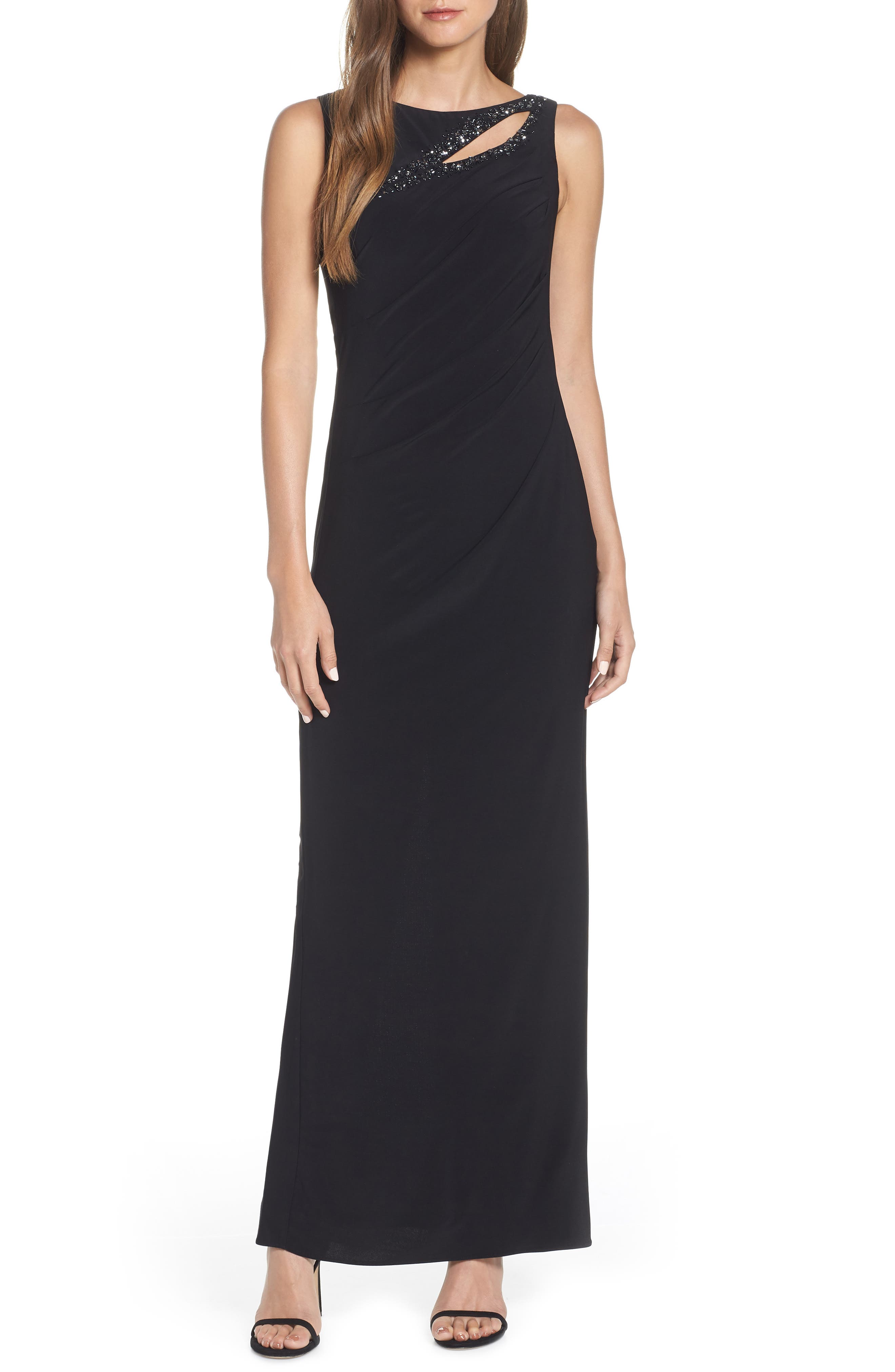 Adrianna Papell Jeweled Yoke Matte Jersey Evening Dress