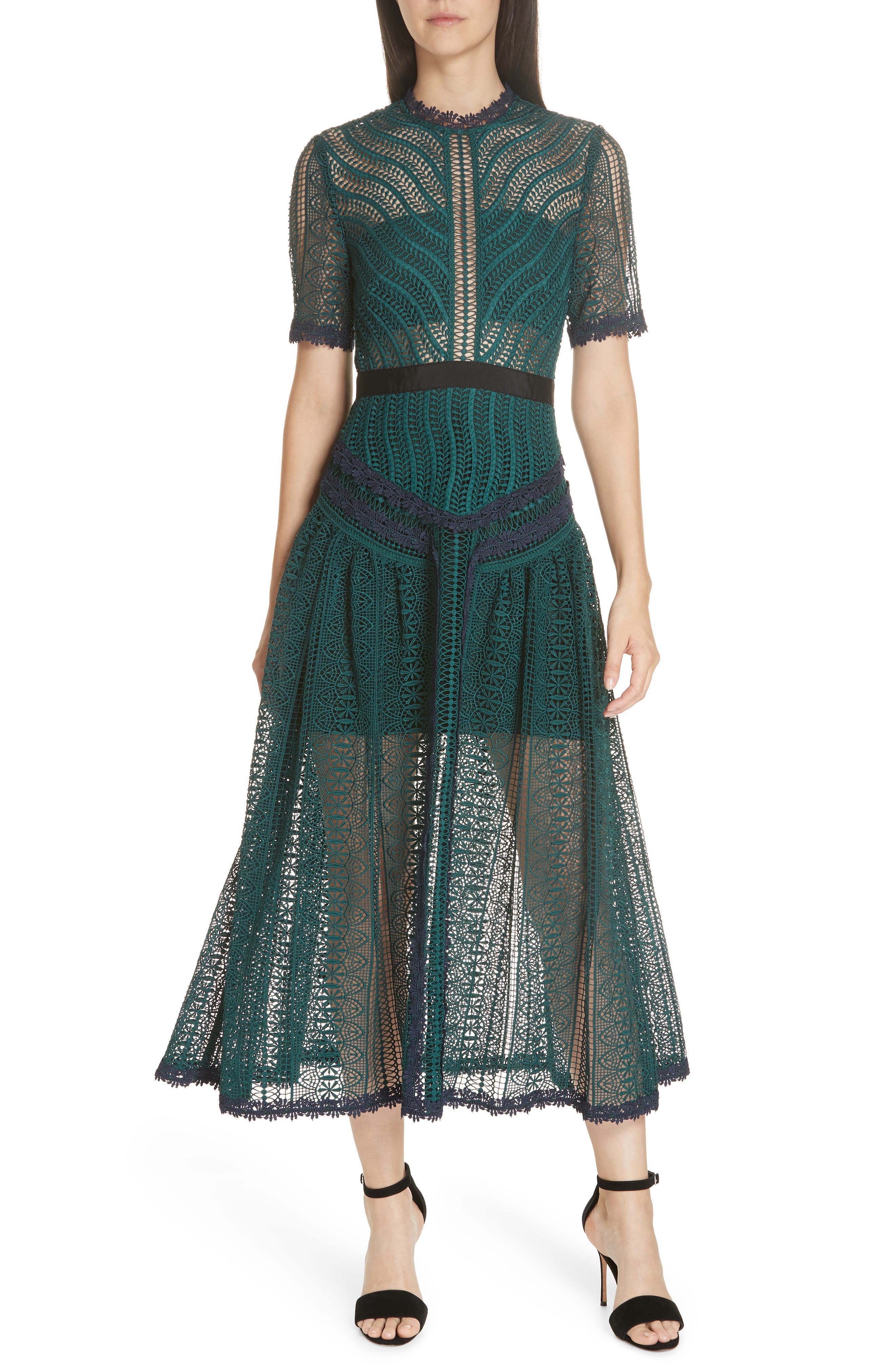 Self-Portrait Wave Lace Midi Dress, Green