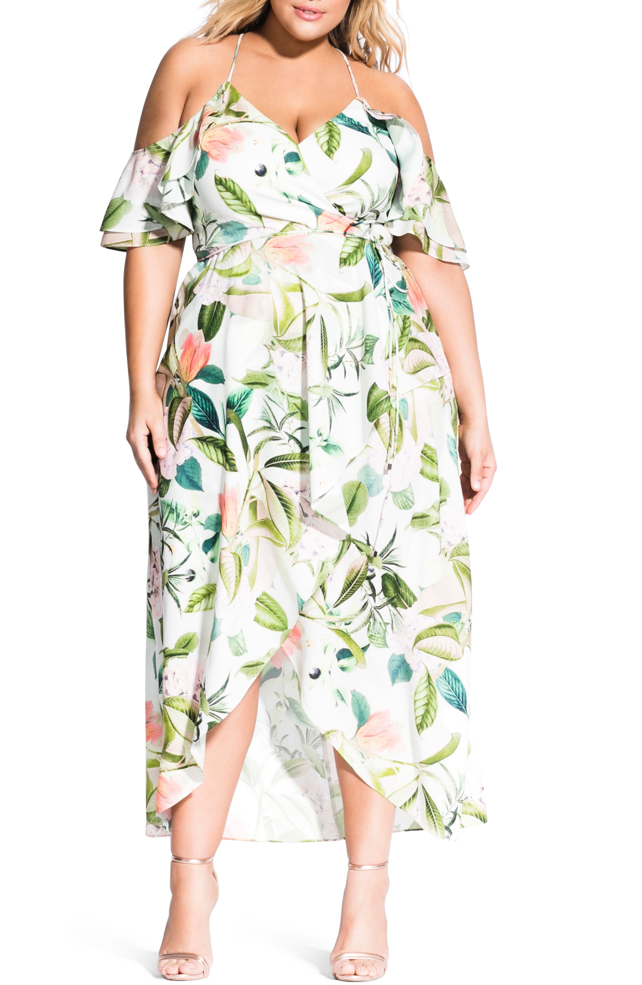Plus Size City Chic Fresh Floral Cold Shoulder Dress, Green