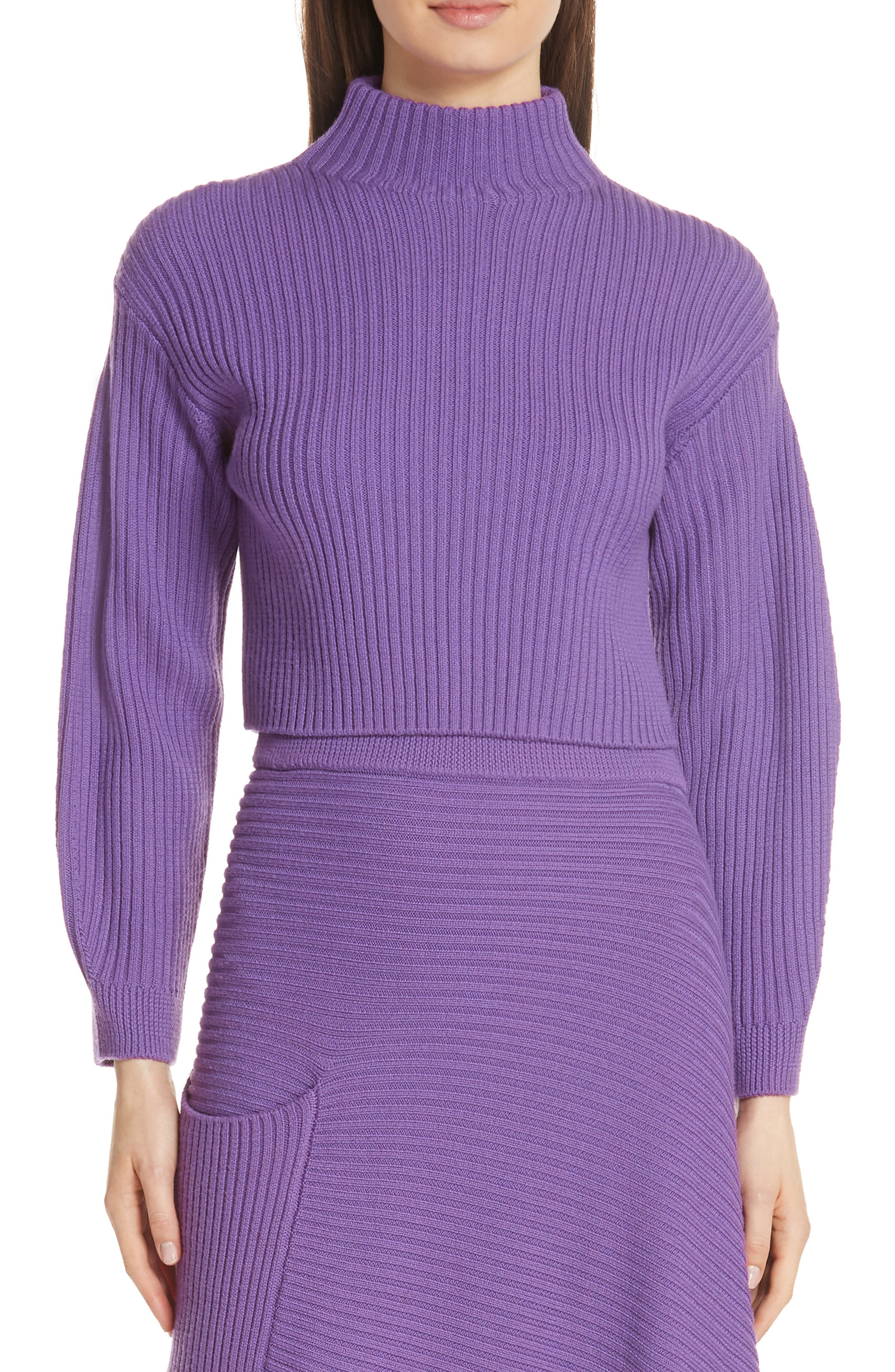 Tibi Structured Merino Wool Crop Sweater, Purple