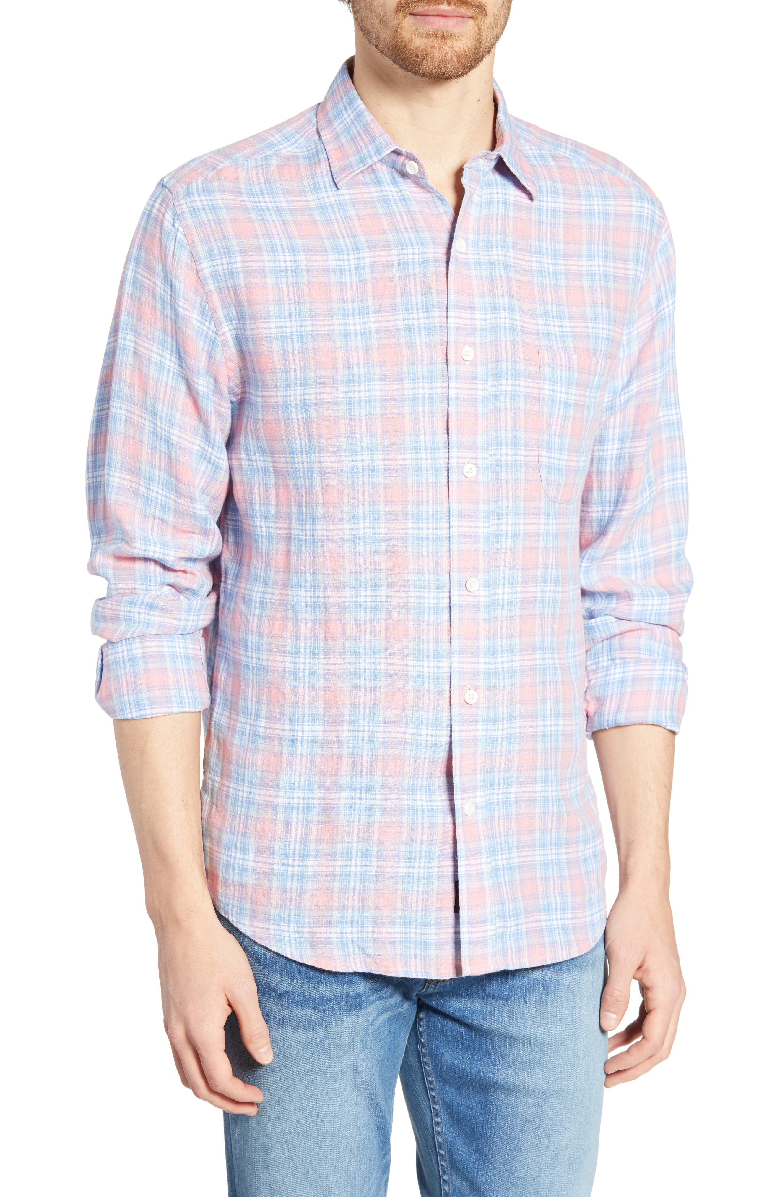 Faherty Ventura Regular Fit Plaid Linen Sport Shirt, Blue