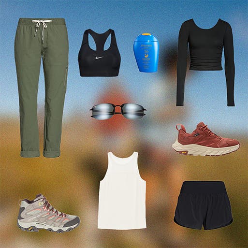 A collage of hiking clothing, shoes and gear.