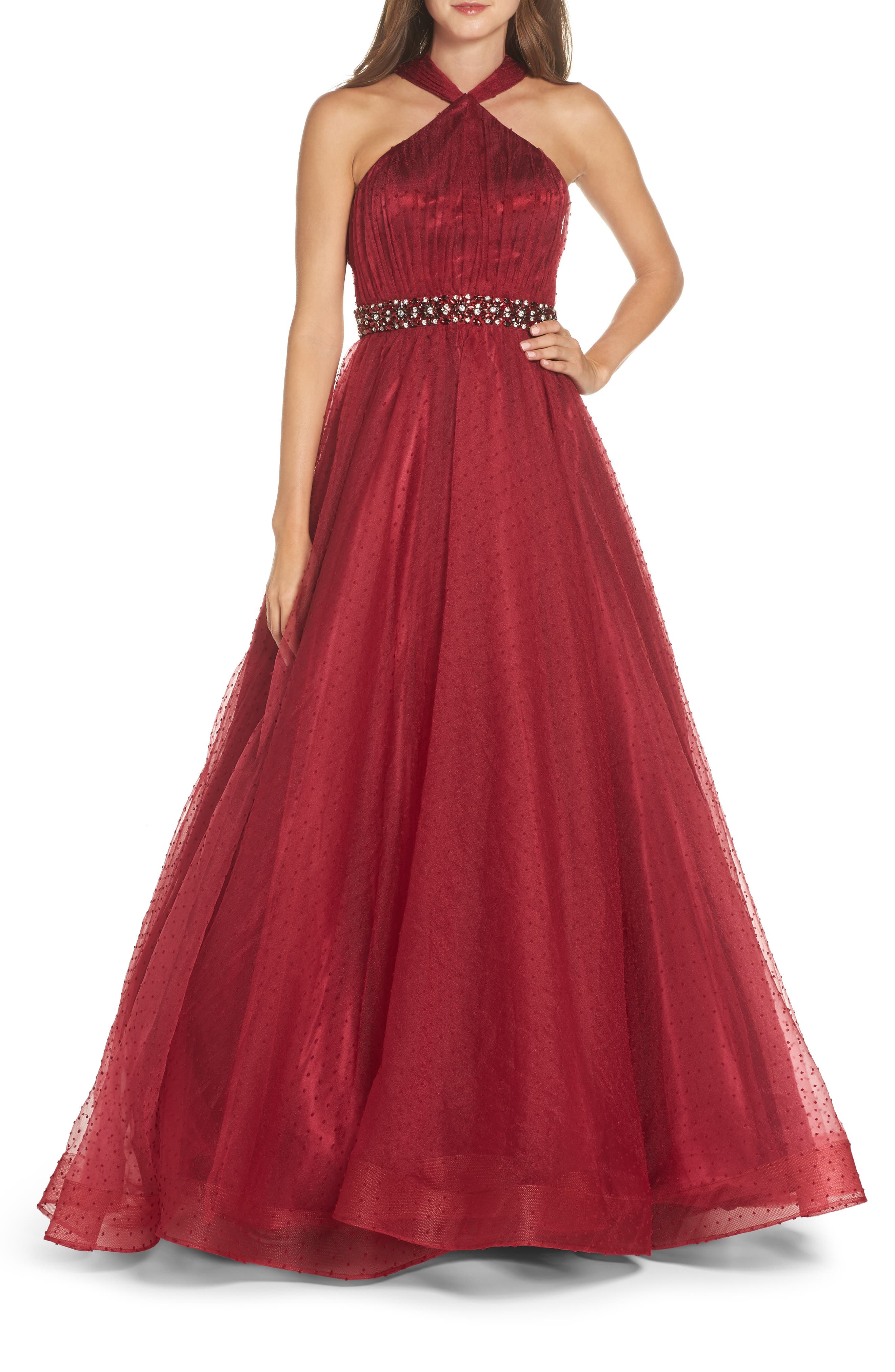 MAC Duggal Halter Neck Ballgown, Burgundy