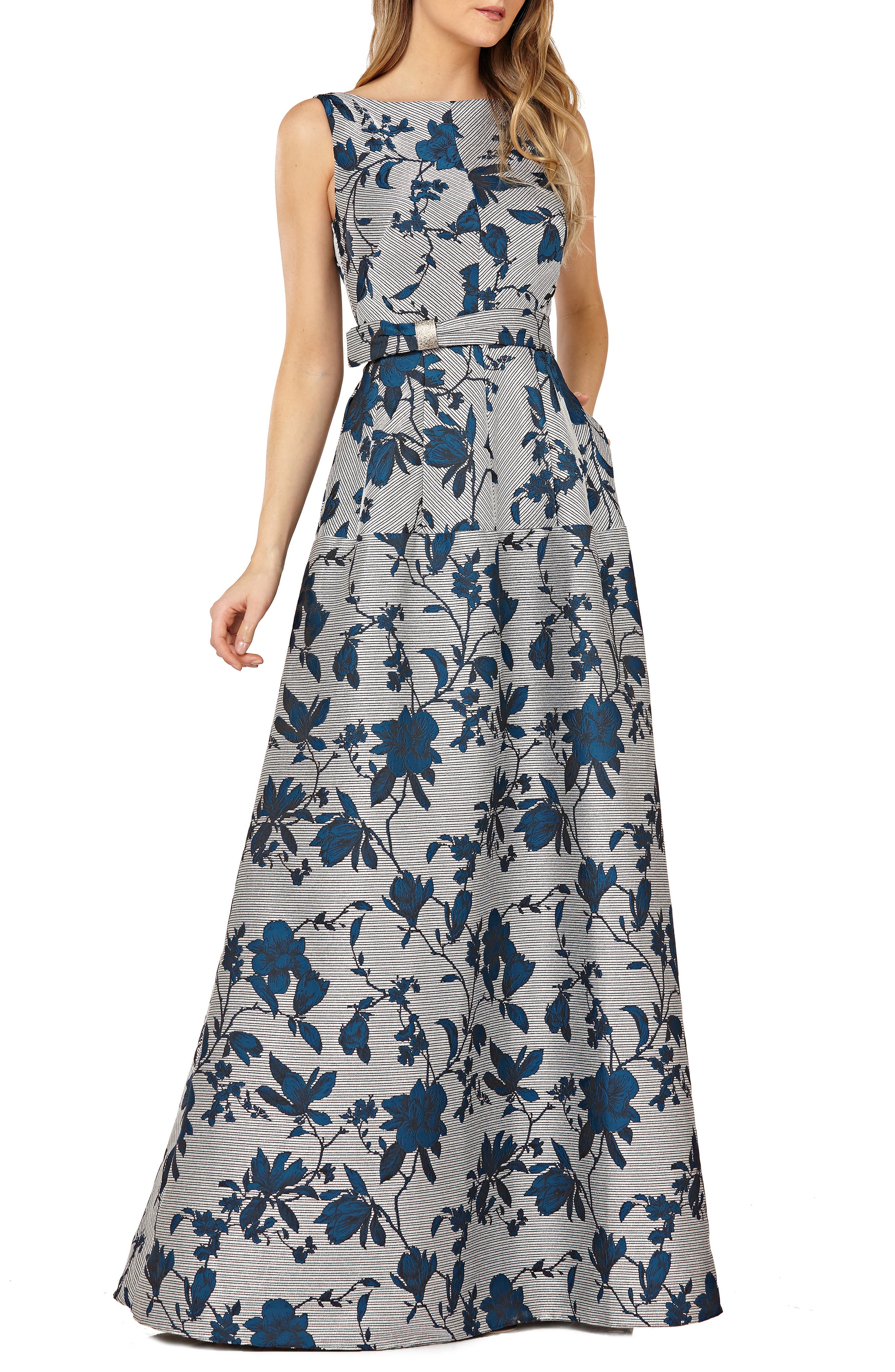 Kay Unger Bateau Neck Sleeveless Ballgown, Metallic