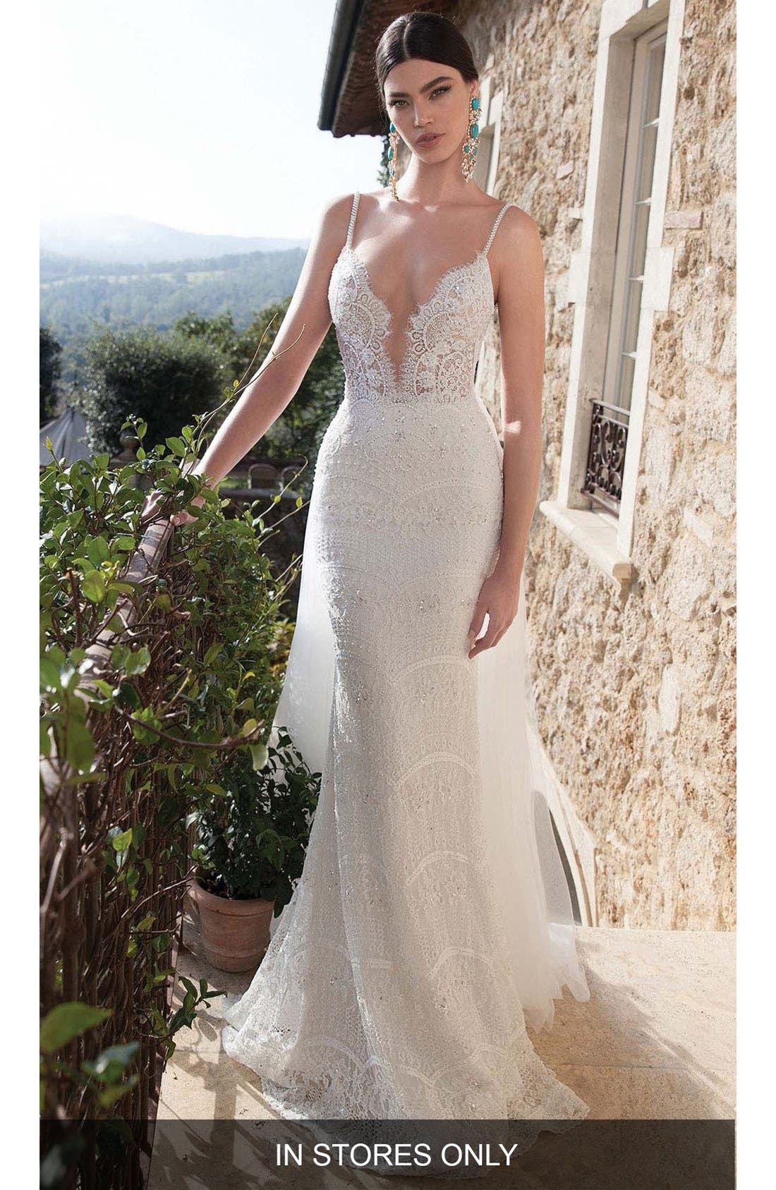 Berta Embellished Lace Column Gown With Detachable Train