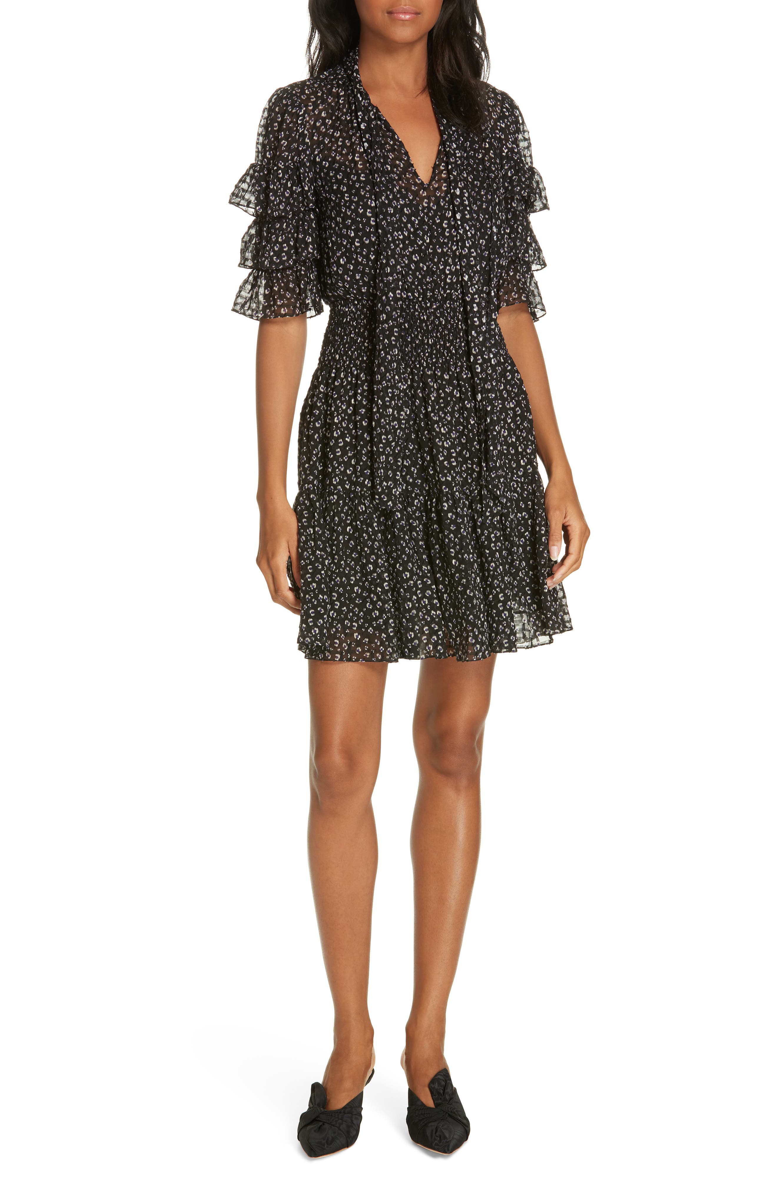 Rebecca Taylor Cheetah Print Silk Blend Dress, Black