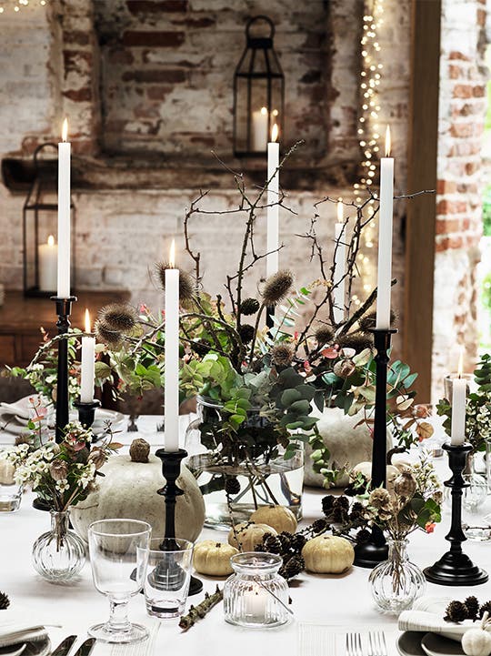 A festive dining table centerpiece for a holiday meal.