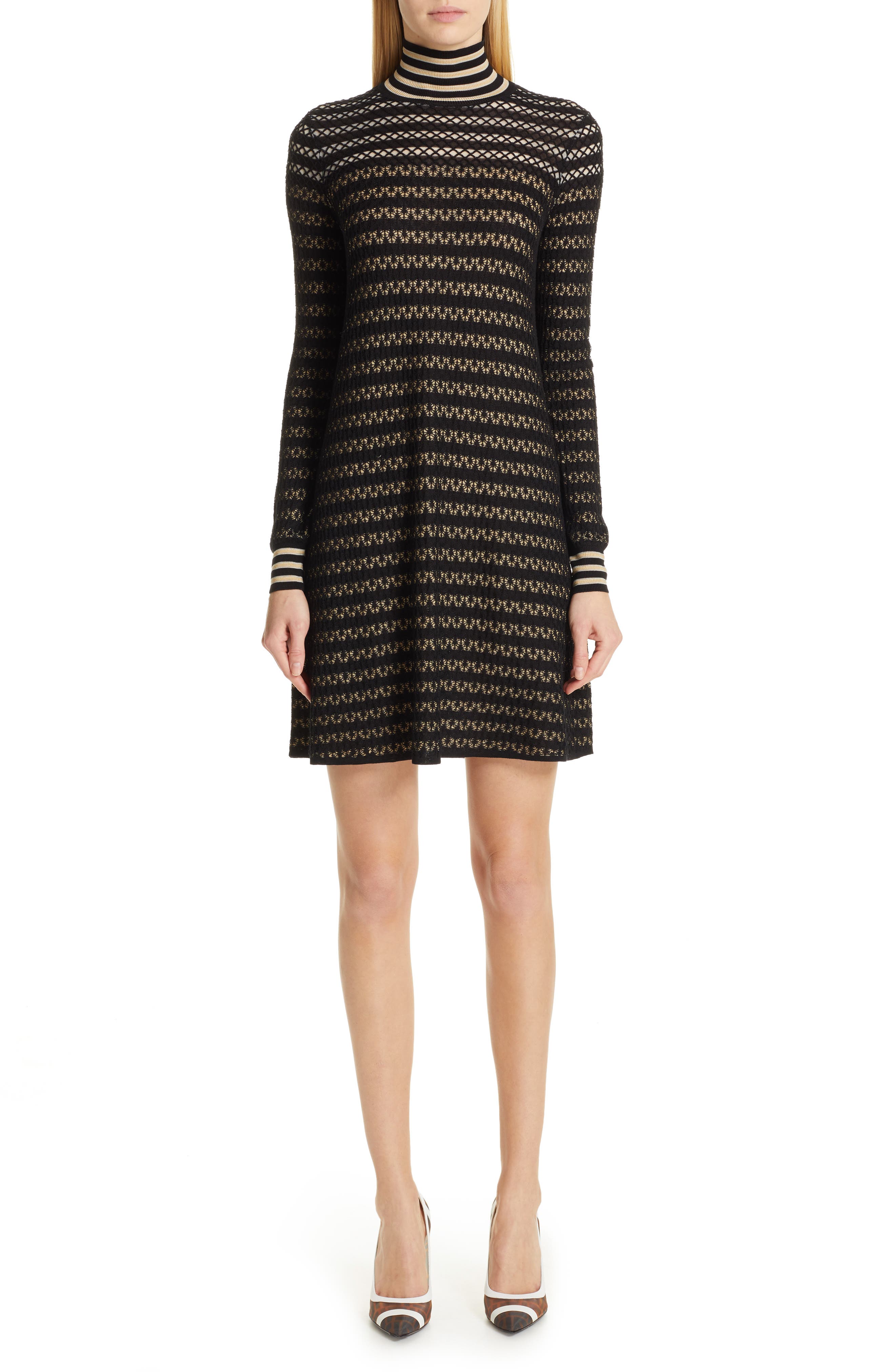 Fendi Striped Silk Stretch Lace Turtleneck Dress, 8 IT - Black