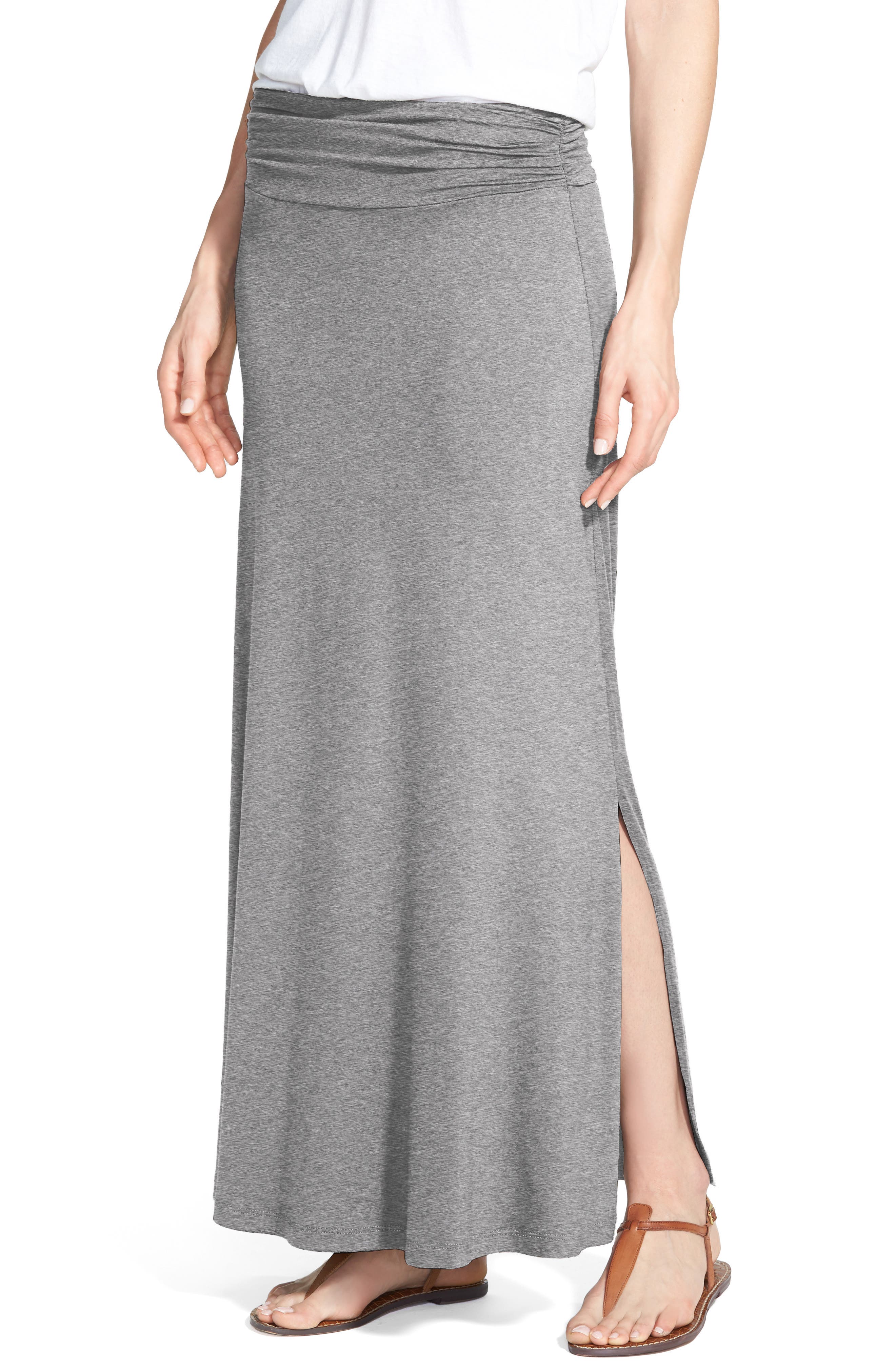 Bobeau Ruched Waist Side Slit Maxi Skirt, Grey