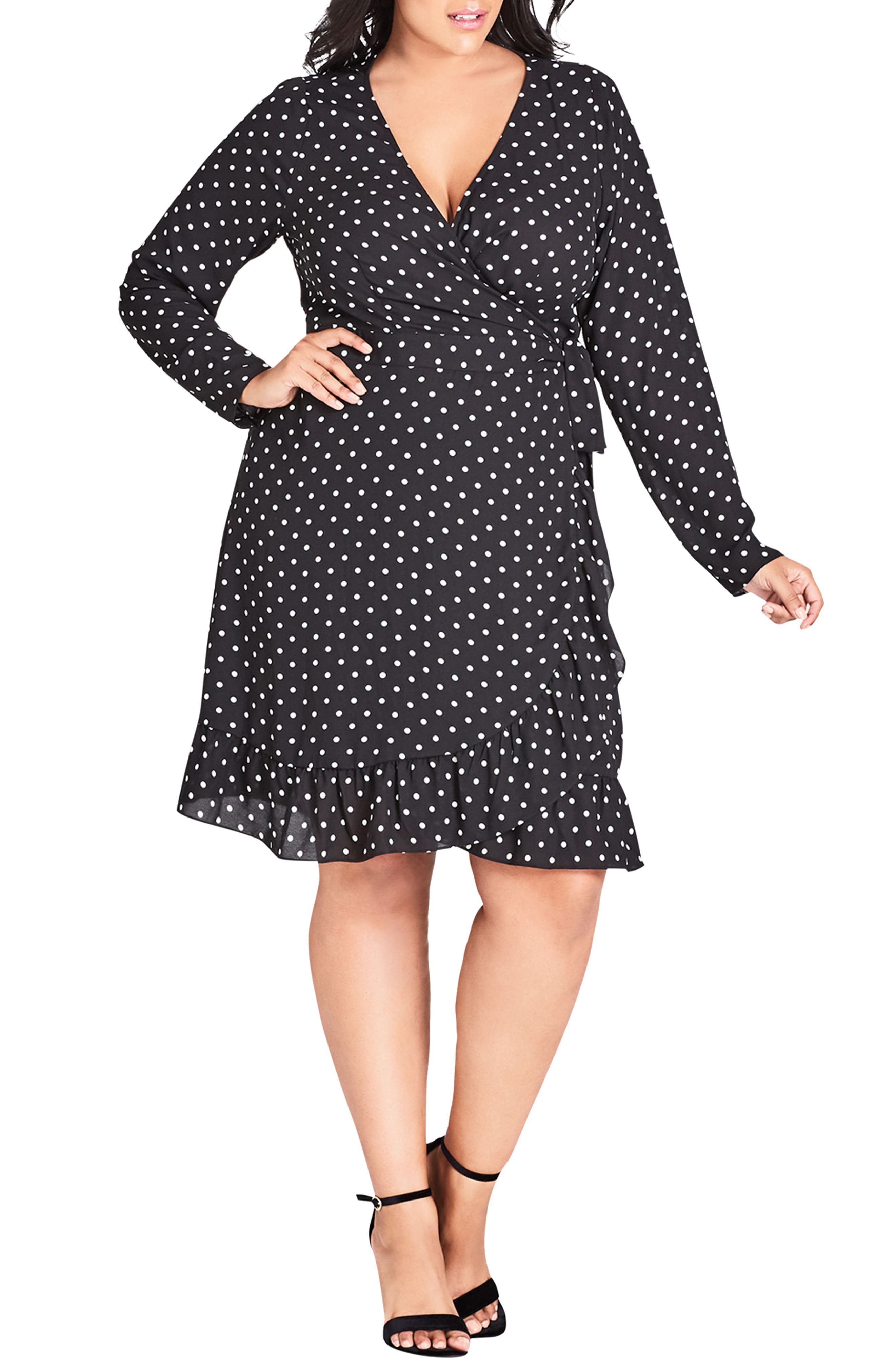 Plus Size City Chic Faux Wrap Dotted Dress, Black