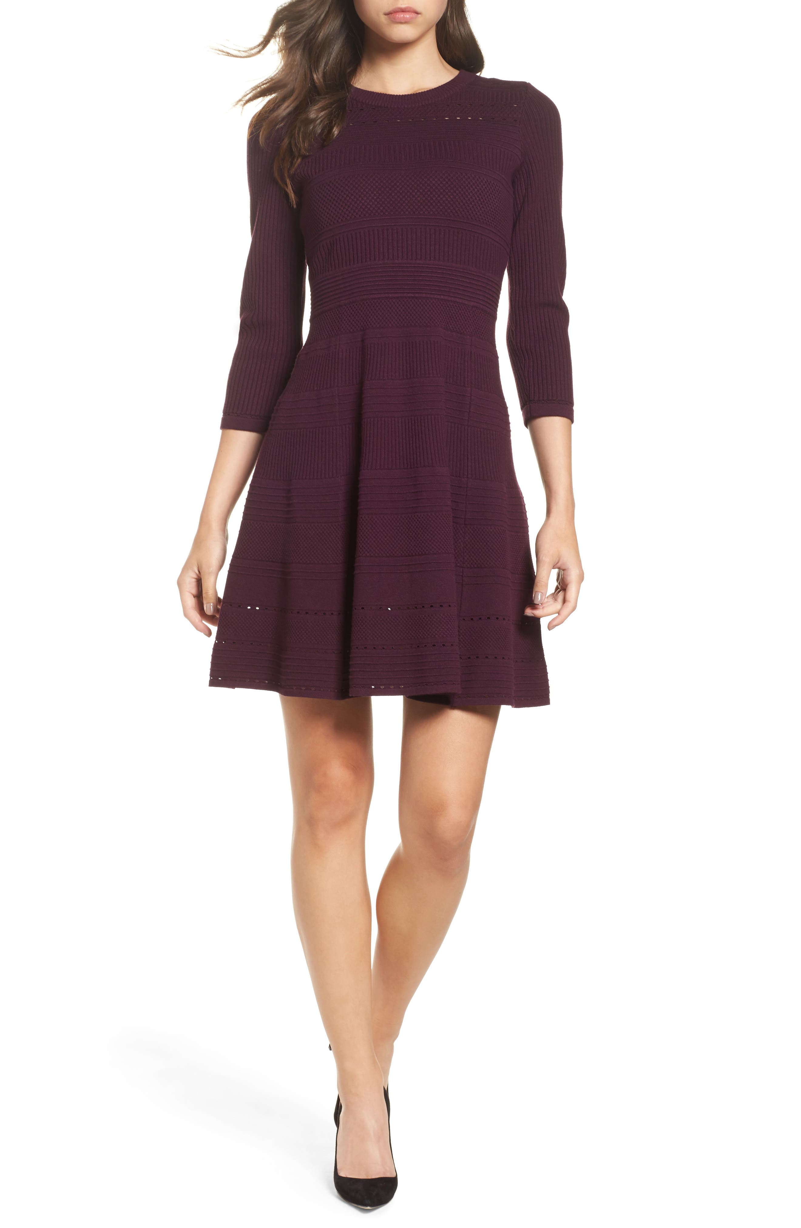Eliza J Fit & Flare Sweater Dress, Burgundy