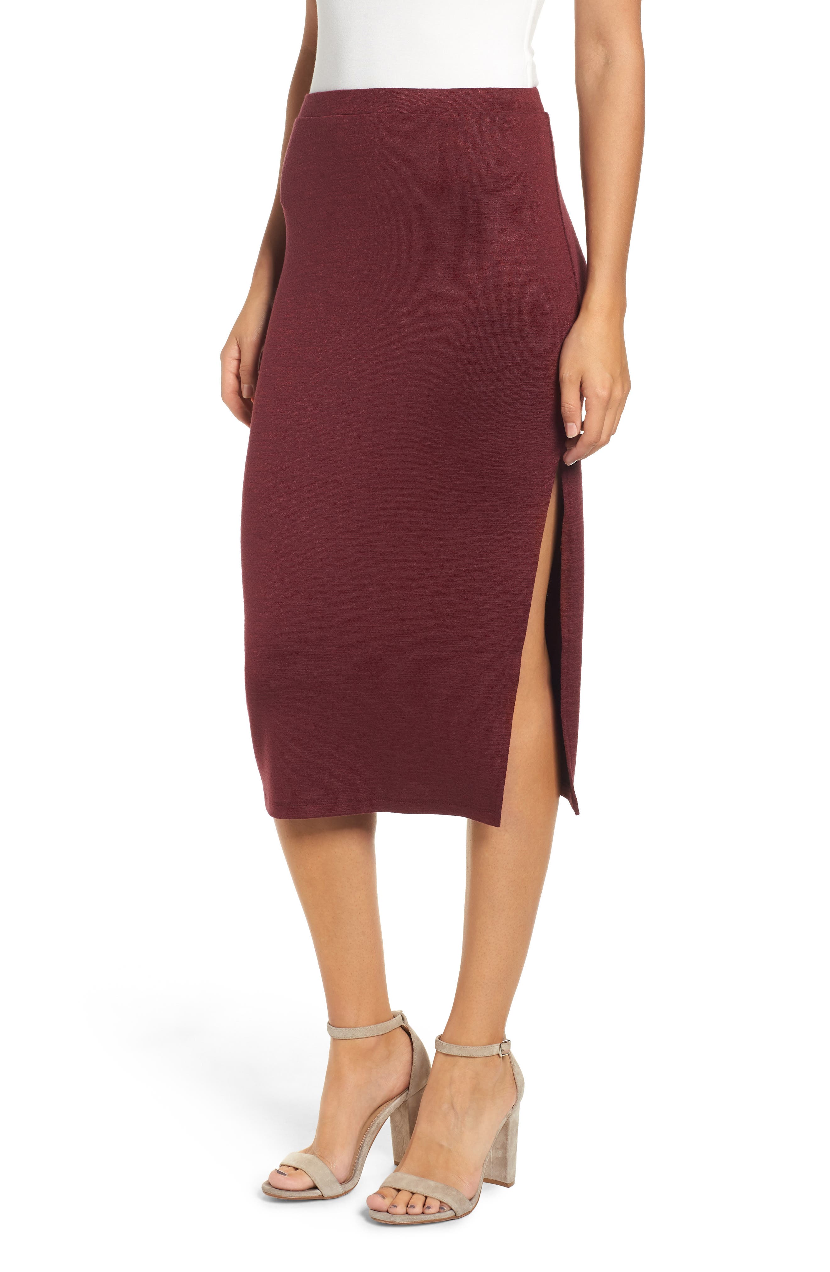 Leith High Slit Marled Midi Skirt, Red