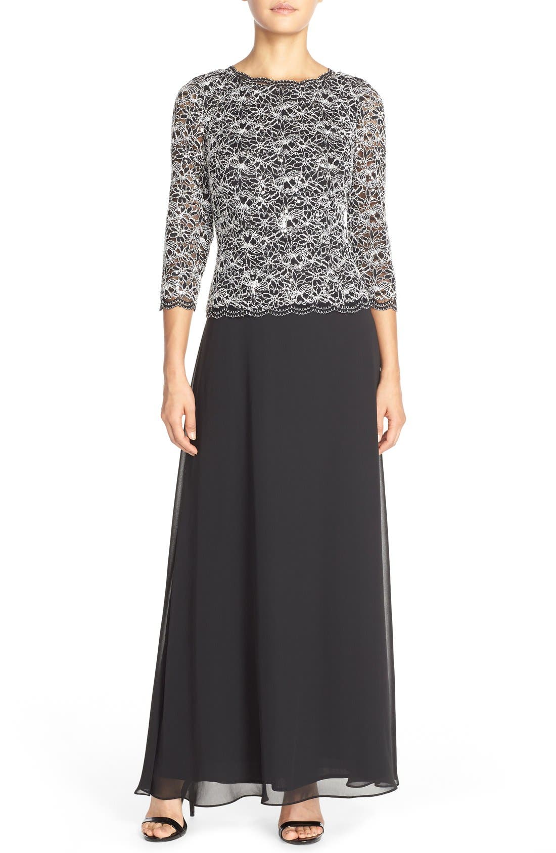 Petite Alex Evenings Lace & Chiffon Mock Two-Piece Gown, Black