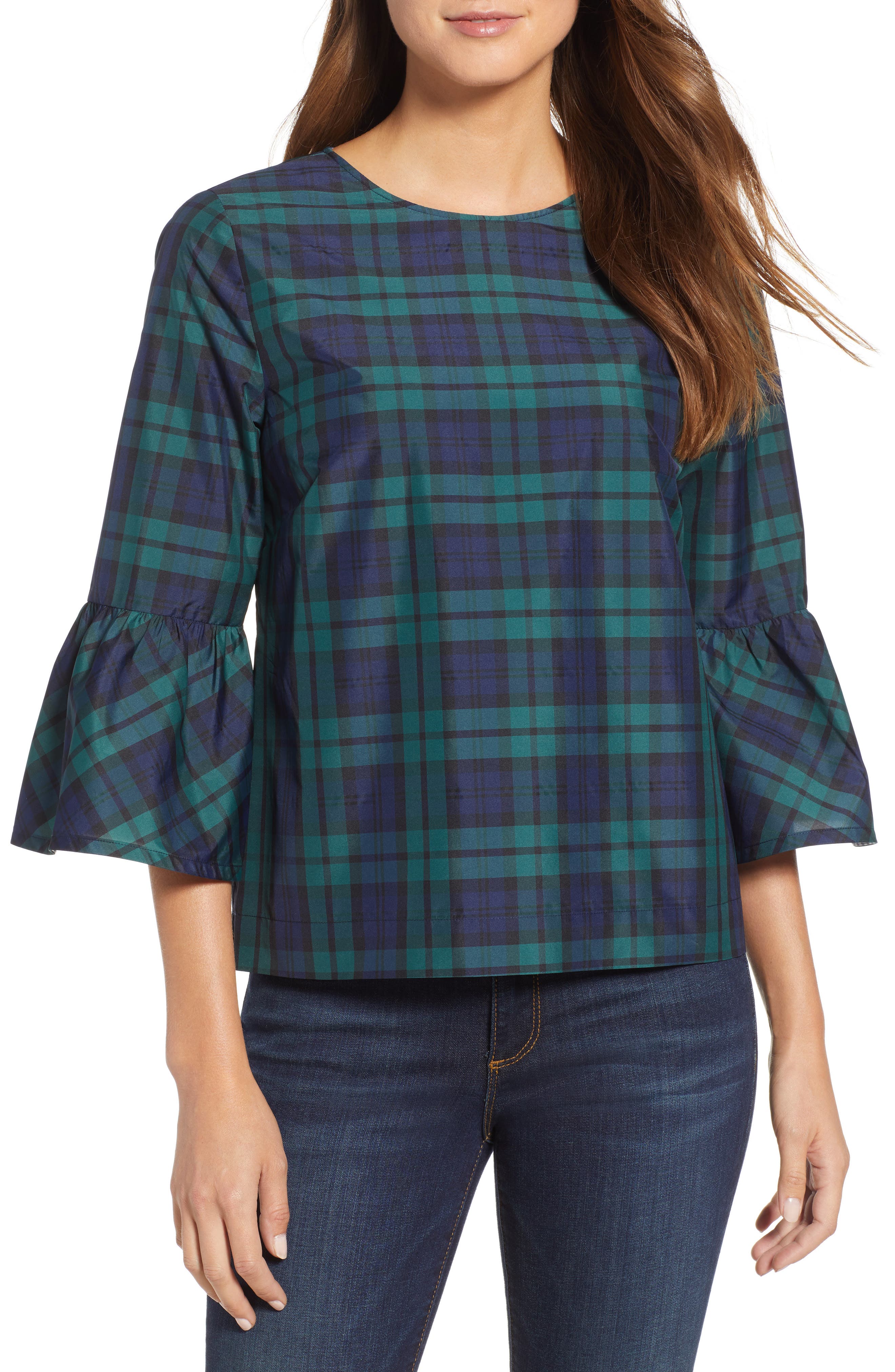 Vineyard Vines Ruffle Sleeve Blackwatch Plaid Top, Black