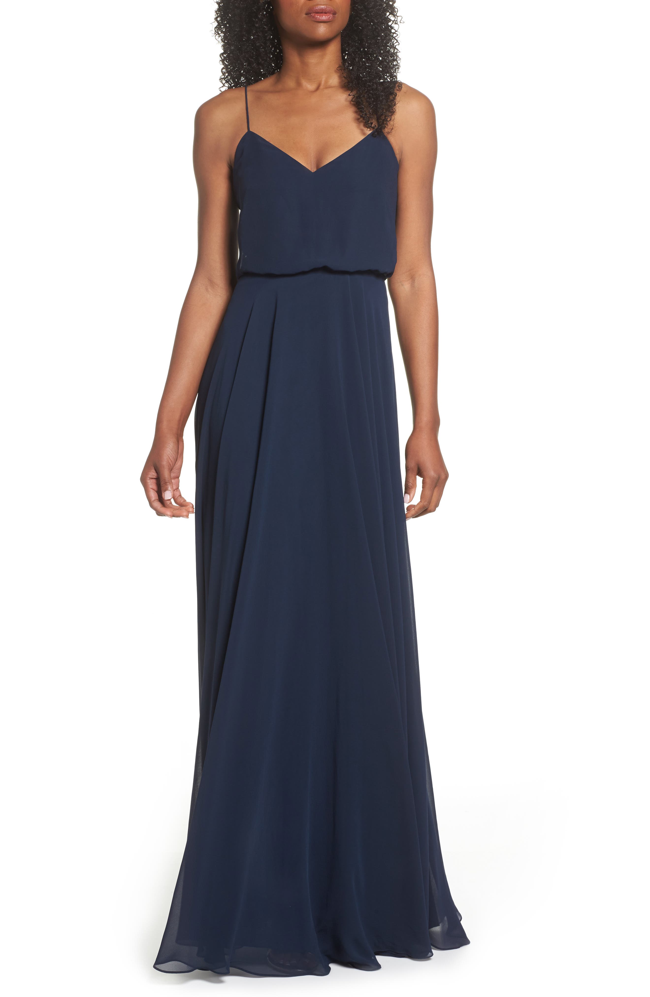 Jenny Yoo Inesse Chiffon V-Neck Spaghetti Strap Gown, 8 (similar to 1) - Blue