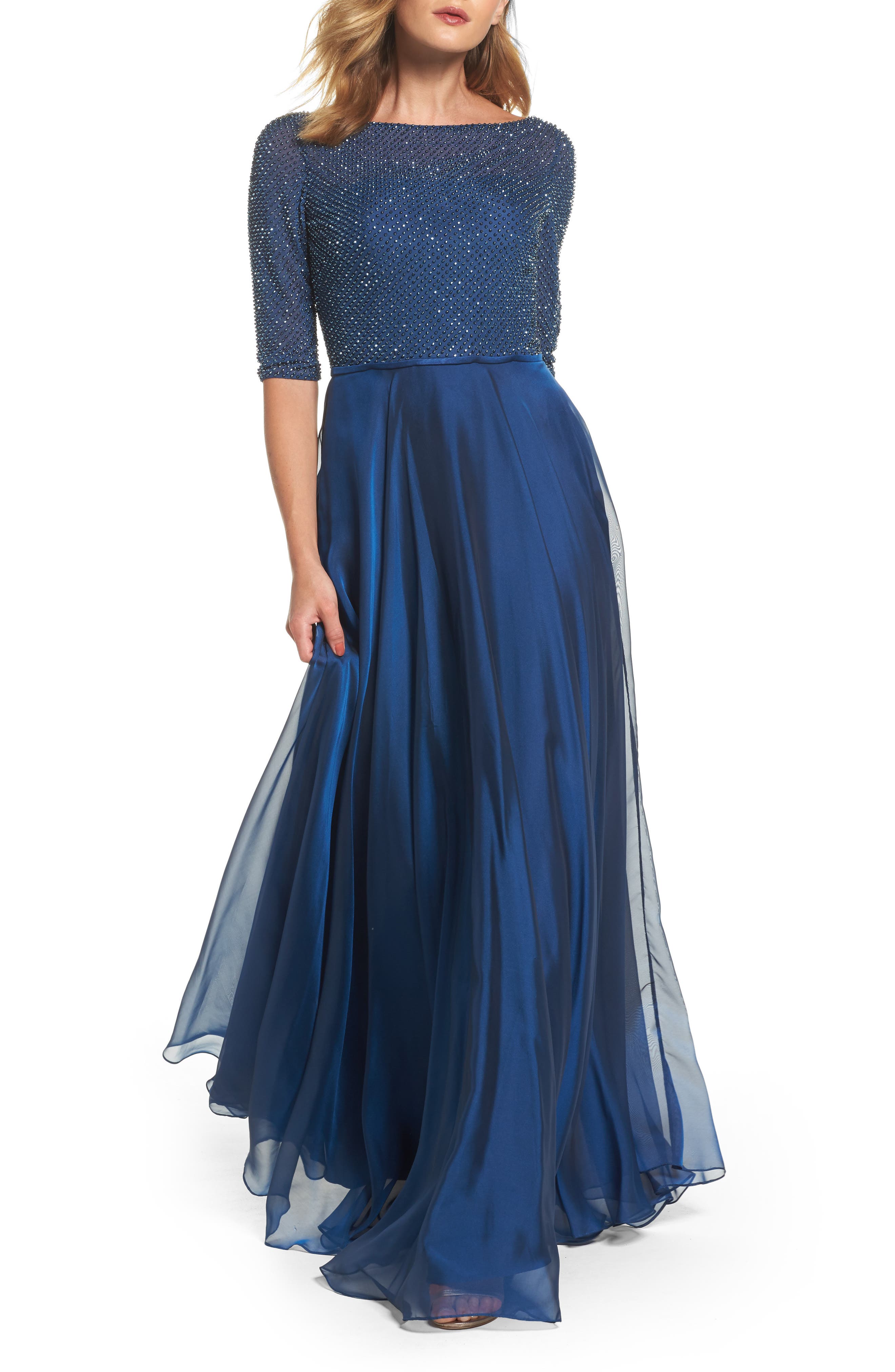 La Femme Embellished Bodice Gown, Blue