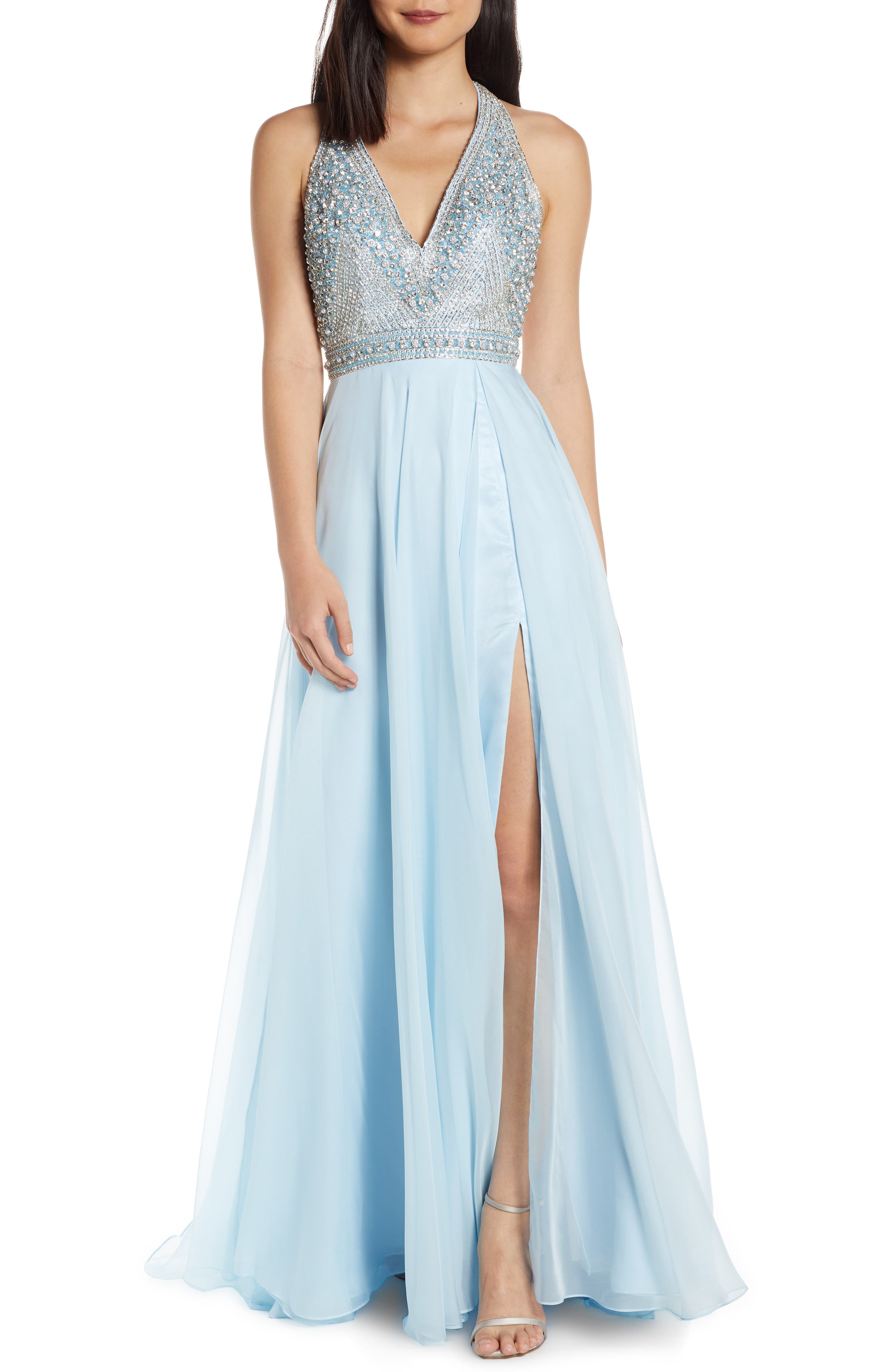 MAC Duggal Beaded Halter Prom Dress With Slit Hem, Blue