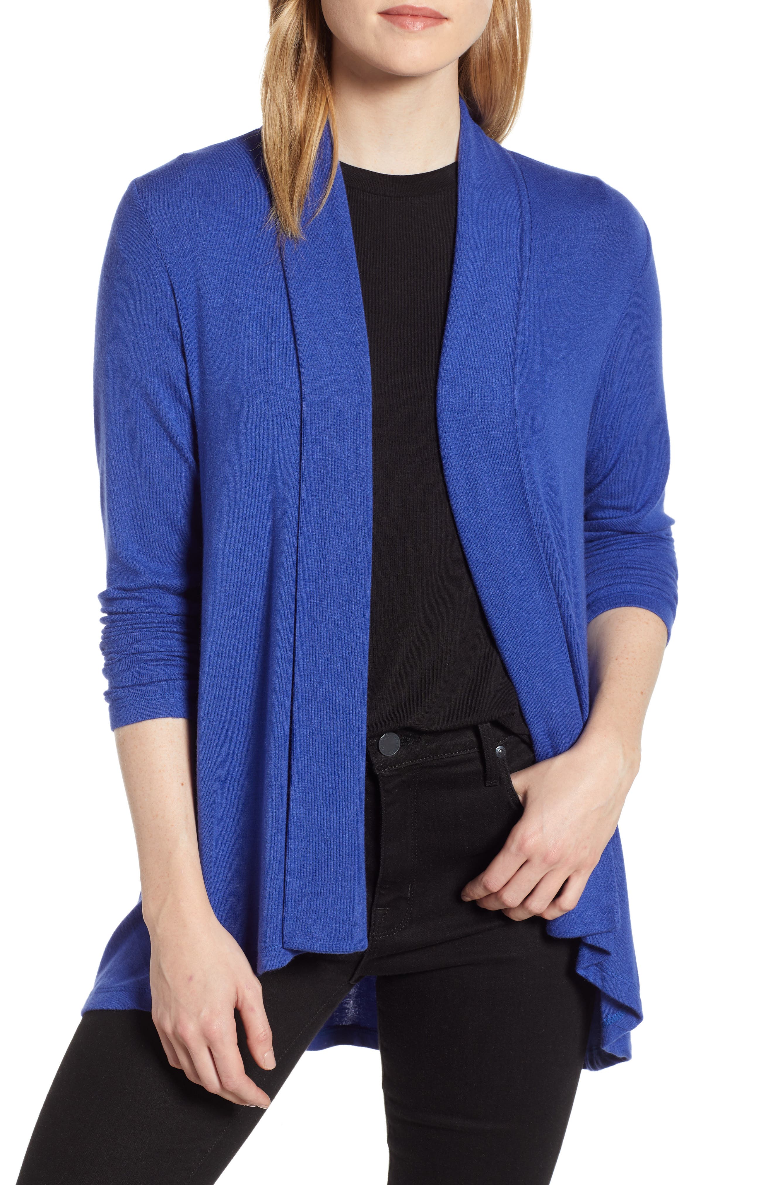 Bobeau High/low Jersey Cardigan, Blue