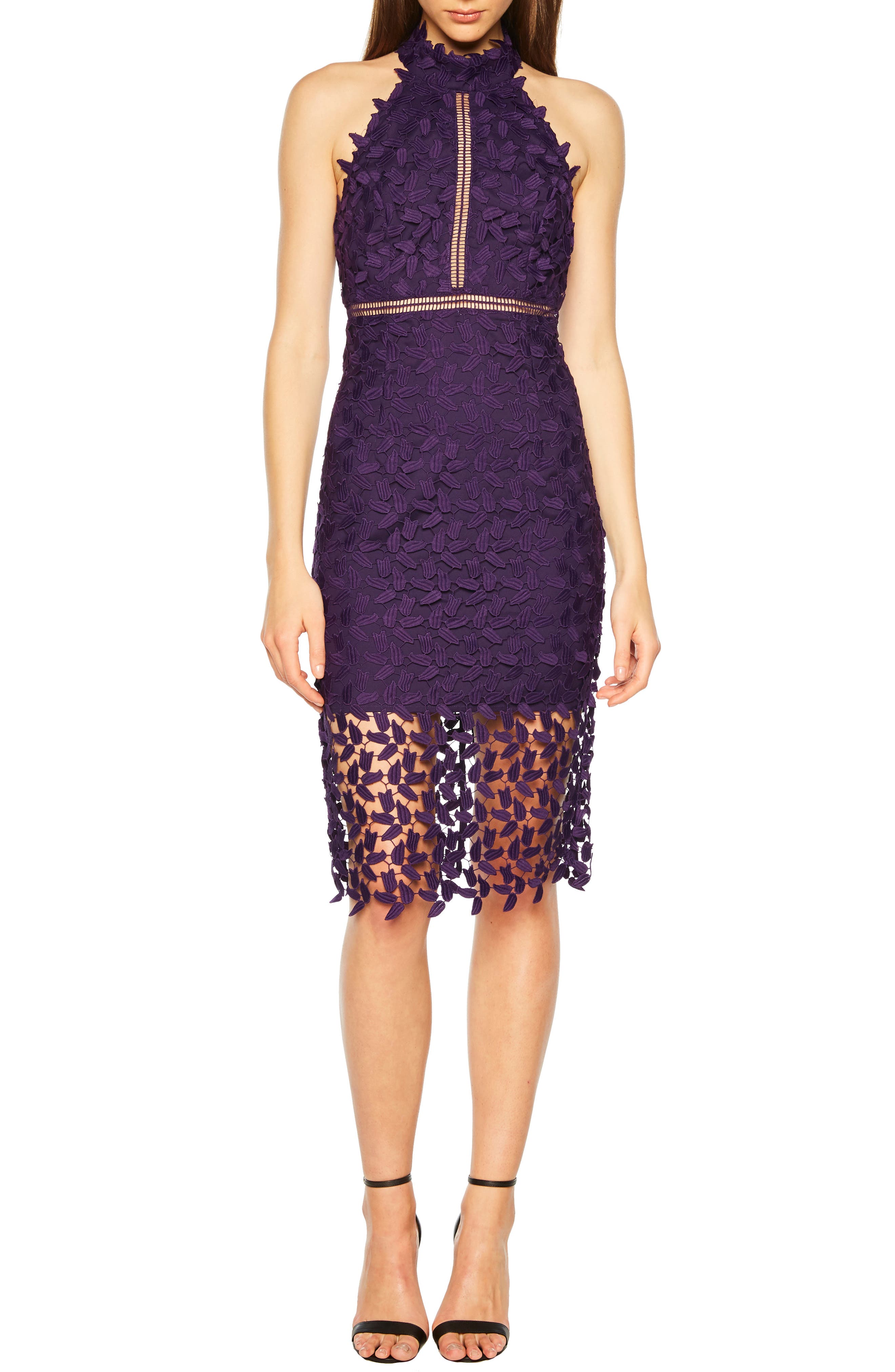 Bardot Gemma Halter Lace Sheath Dress, Purple